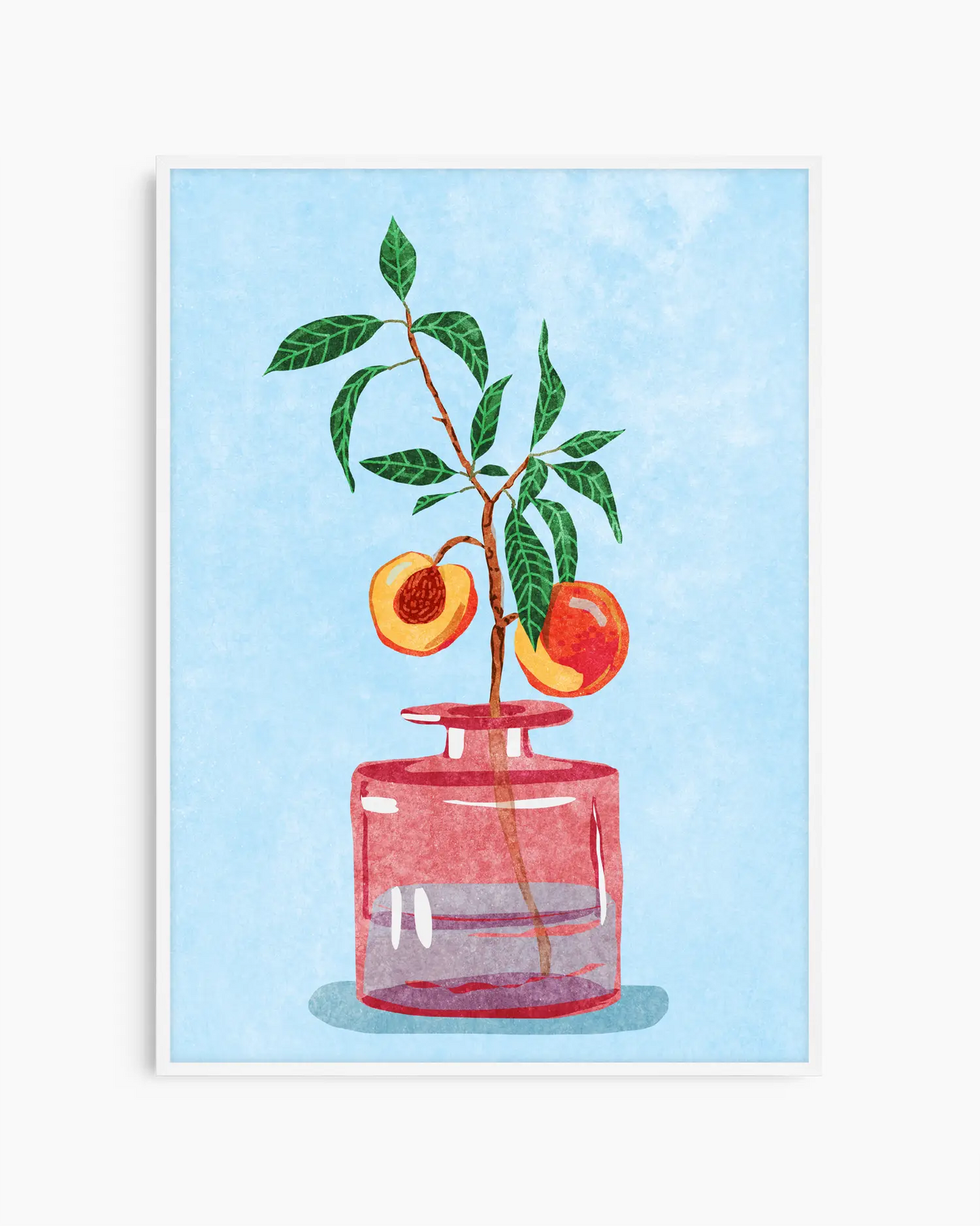 Barntavla med illustration av fruktgren i glasburk, inramad i vit träram. En mjuk och harmonisk detalj i barnrum.