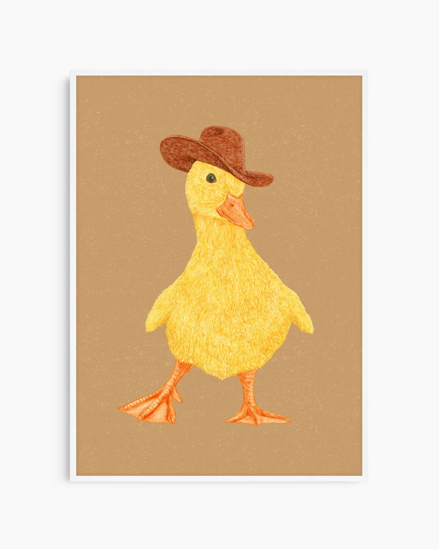 Barntavla med charmig cowboy-anka, inramad i vit träram som lyfter de ljusa och lekfulla färgerna.