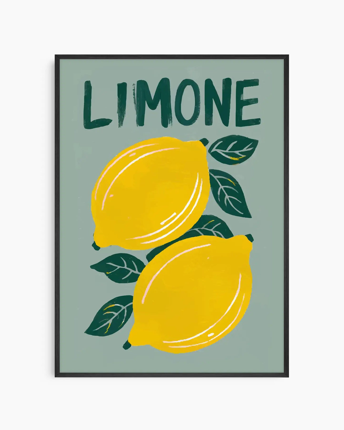 Barntavla med två gula citroner, gröna blad och texten "LIMONE" mot grågrön bakgrund, inramad i svart träram. En färgstark och charmig illustration i retrostil.
