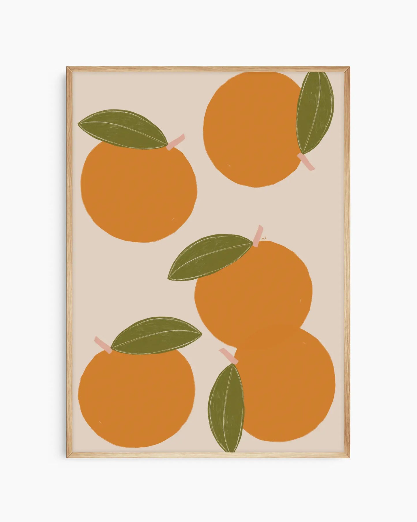 Barntavla med apelsinillustrationer mot beige bakgrund, inramad i ekram som ger ett naturligt och mjukt helhetsintryck.