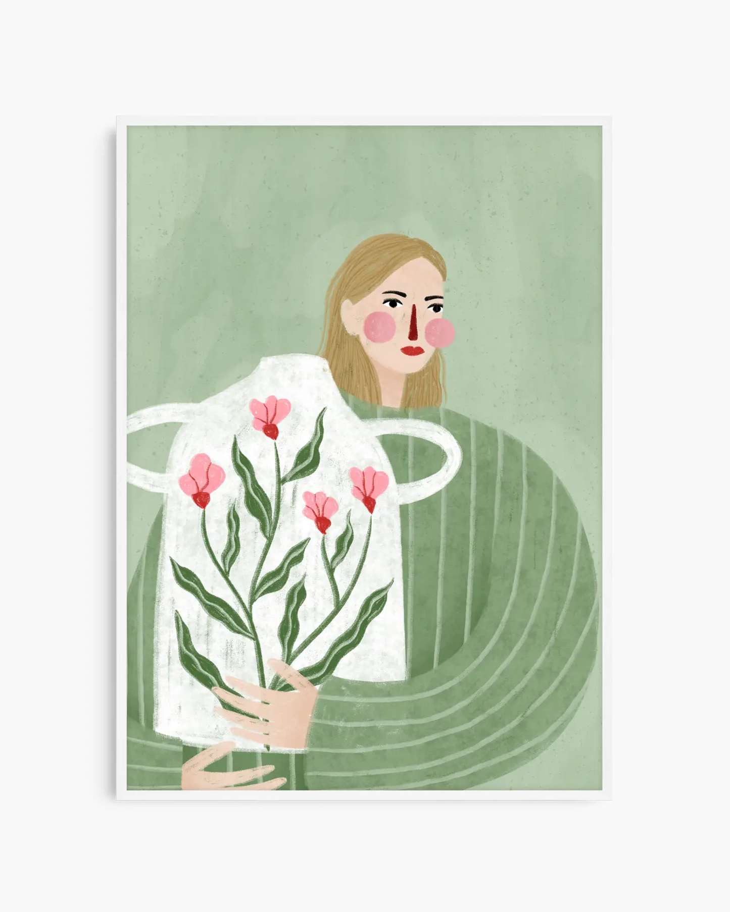 Barnrumstavla med illustration av person och vit vas med rosa blommor mot grön bakgrund, inramad i vit träram. En ljus och mjuk väggdetalj.