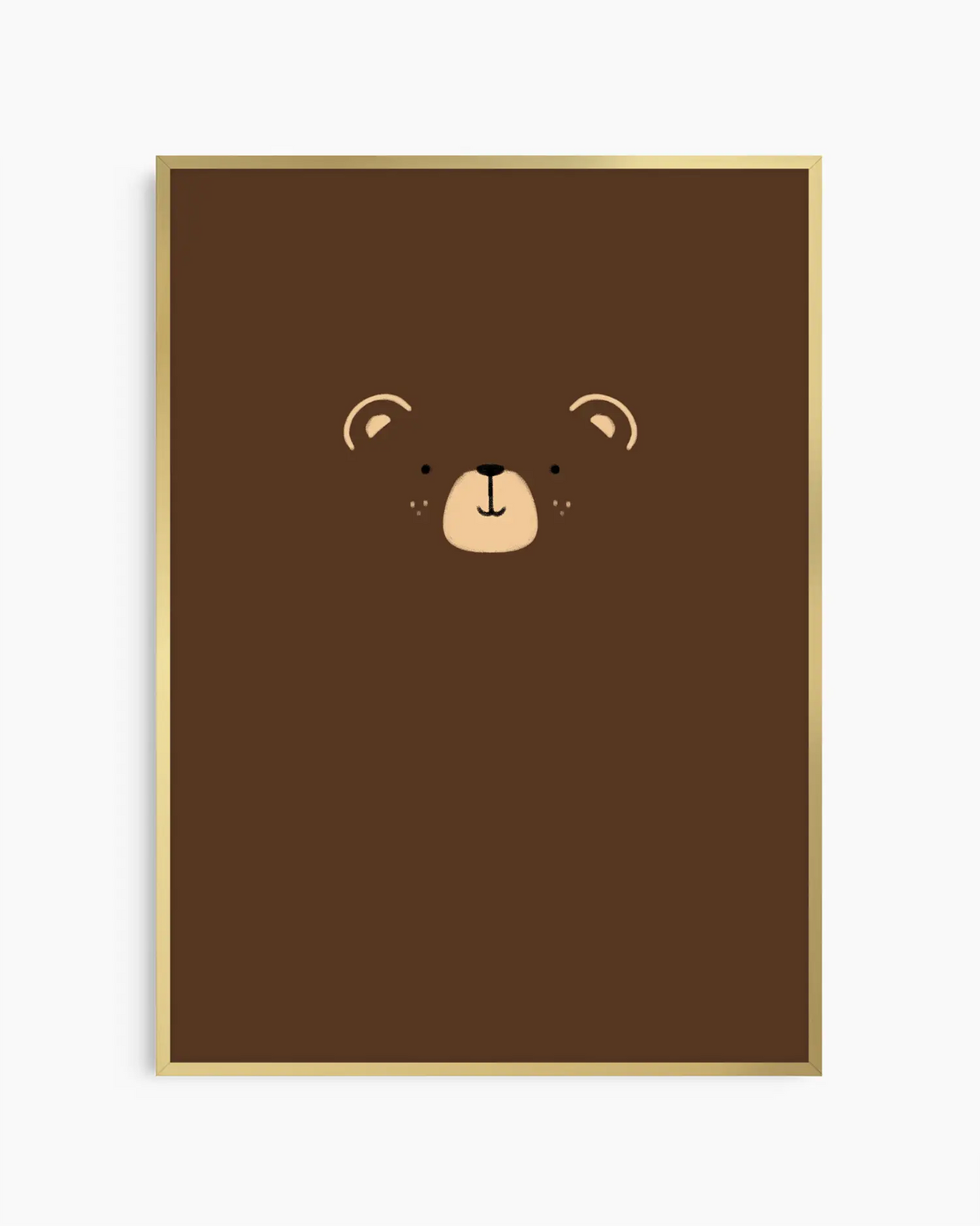 Barntavla med minimalistisk björndesign på chokladbrun bakgrund, inramad i guld aluminiumram för en lekfull och elegant glans.
