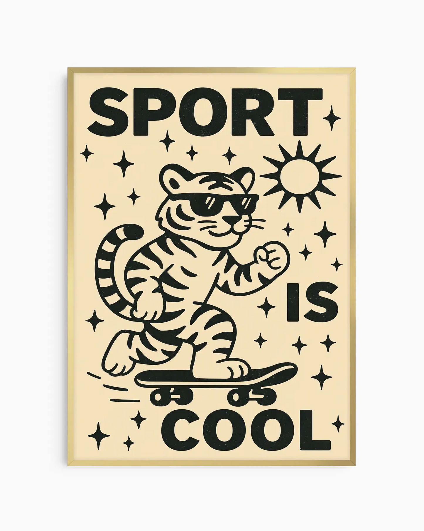 Barntavla i grafisk stil med solglasögonprydd tiger på skateboard i smal svart ram, lekfull väggkonst med sportig energi.
