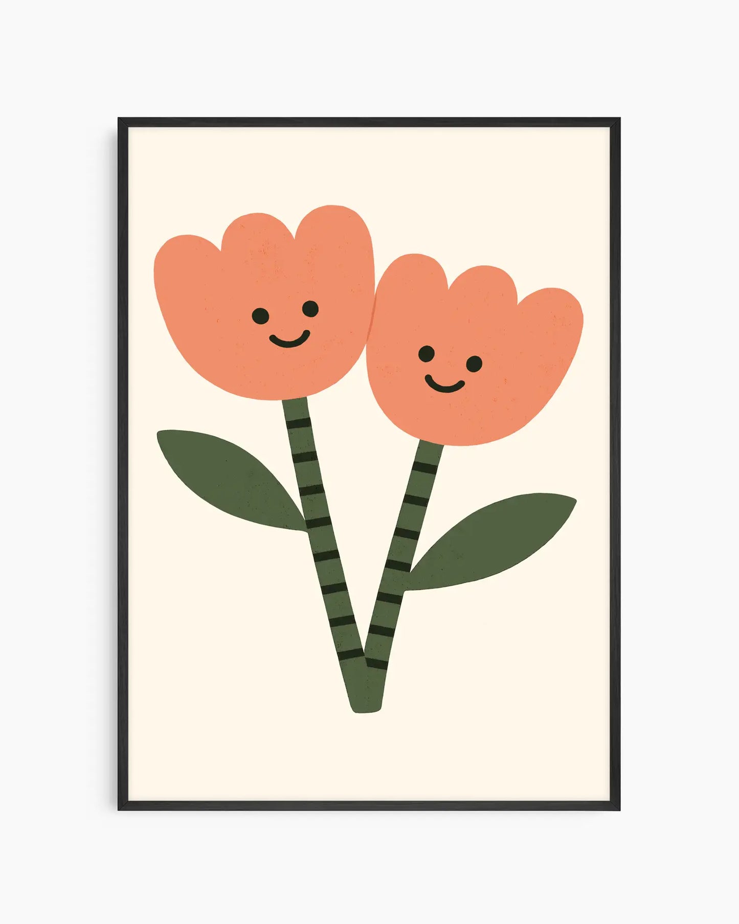 Barntavla med två orange blommor med glada ansikten och gröna blad mot ljus bakgrund, inramad i svart träram. En söt och färgglad illustration som sprider glädje.