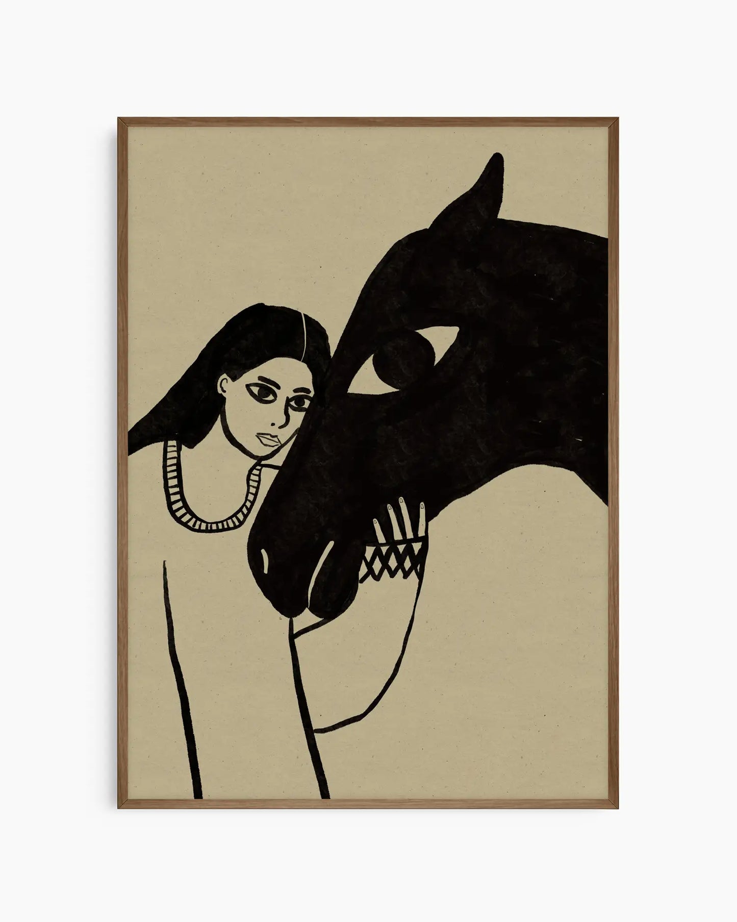Illustrerad barntavla med kvinna och häst i nära samspel, skapad i grafisk stil och inramad i mörk ekram som ger en varm och poetisk känsla.
