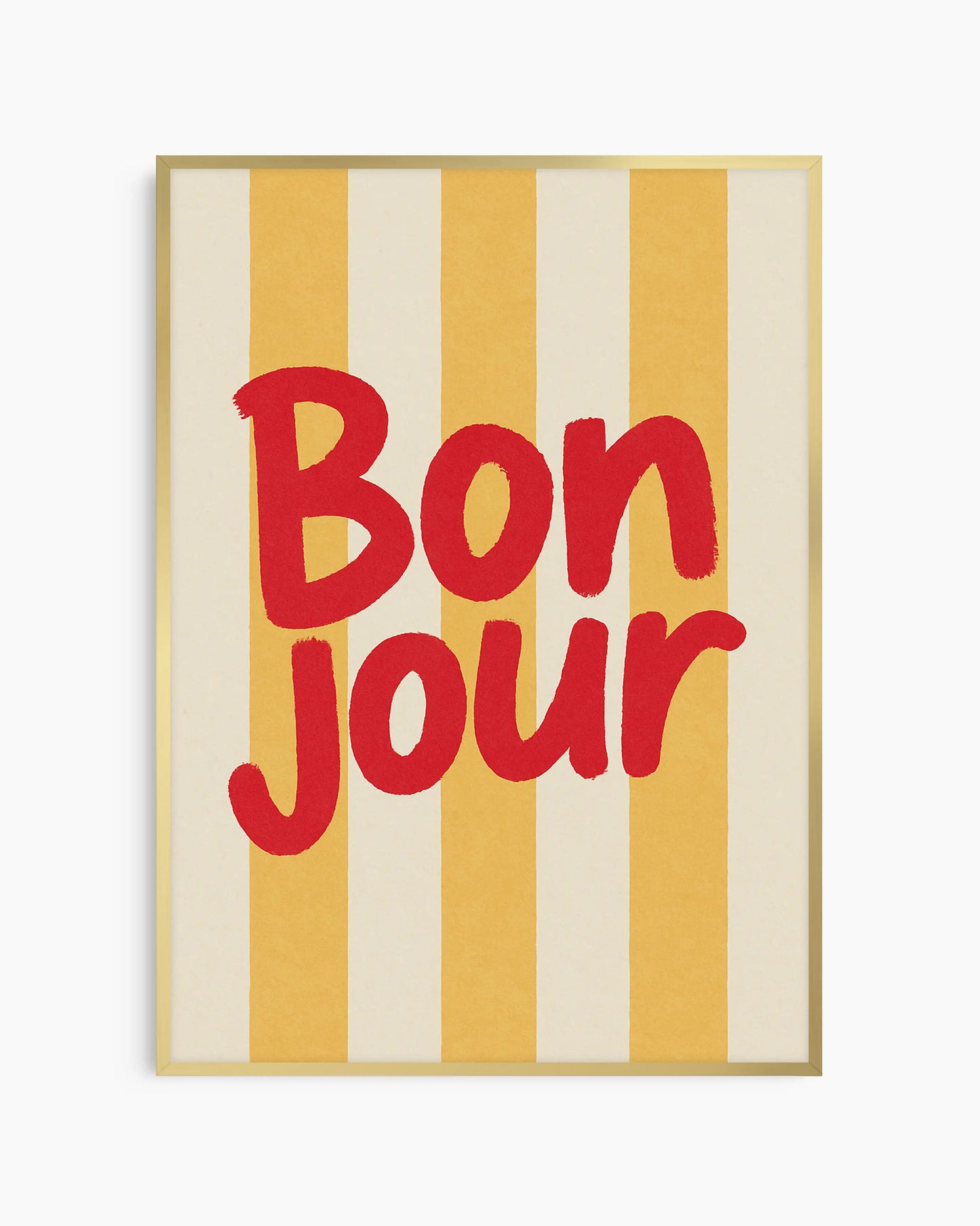 Barnrumstavla med texten "BON JOUR" i rött på gul- och crèmefärgade ränder, inramad i guld aluminiumram. En lekfull och elegant poster för barnrummet.