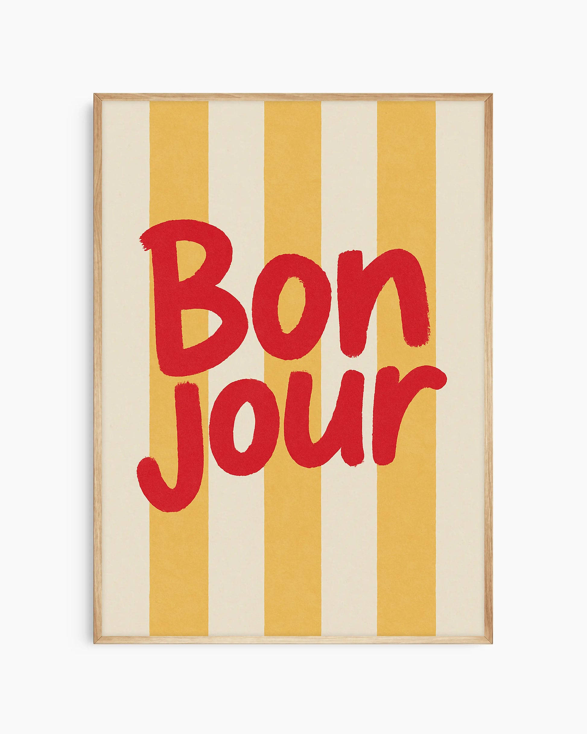 Barntavla med "BON JOUR" i rött på gulrandig bakgrund, inramad i ekram. En ljus och modern illustration.