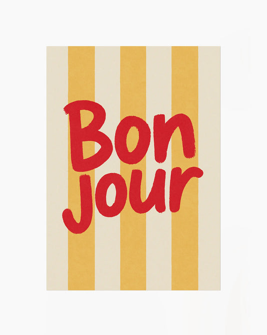 Barntavla med texten "BON JOUR" i rött mot gulrandig bakgrund. En färgstark och stilren illustration.