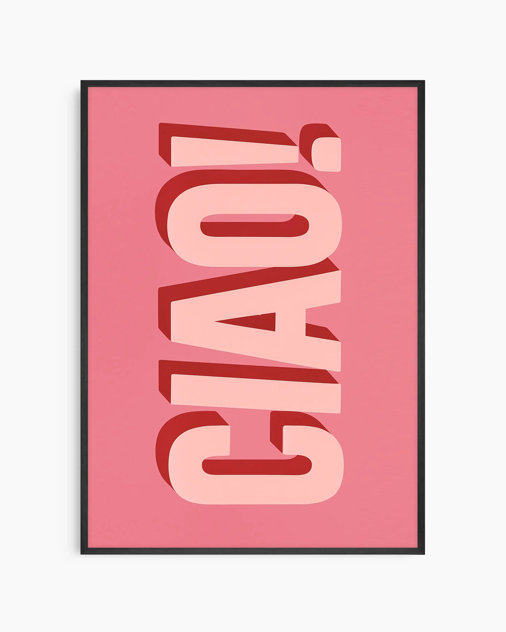 Barntavla med texten "CIAO!" i stora rosa bokstäver med röd skugga på rosa bakgrund, inramad i svart träram. En färgstark och lekfull väggdekoration för barnrummet.