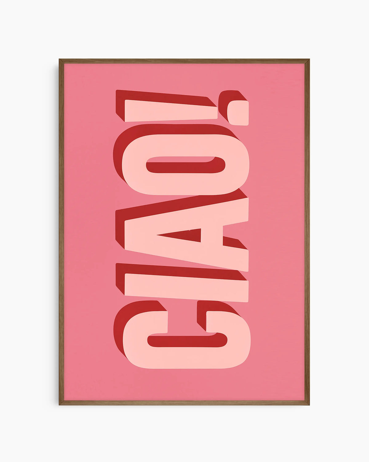 Barnrumstavla med "CIAO!" i rosa och rött på rosa bakgrund, inramad i träram i mörk ek. En modern och glad detalj som lyfter rummet.