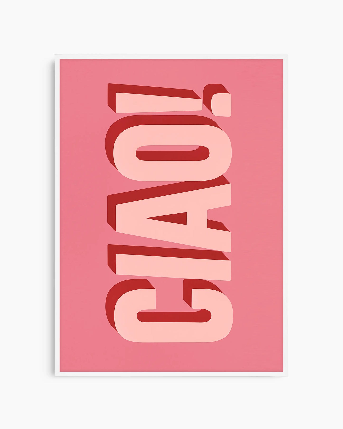 Barntavla med "CIAO!" i stora rosa bokstäver med röd skugga, inramad i vit träram. En ljus och färgglad väggdekoration som passar i alla barnrum.