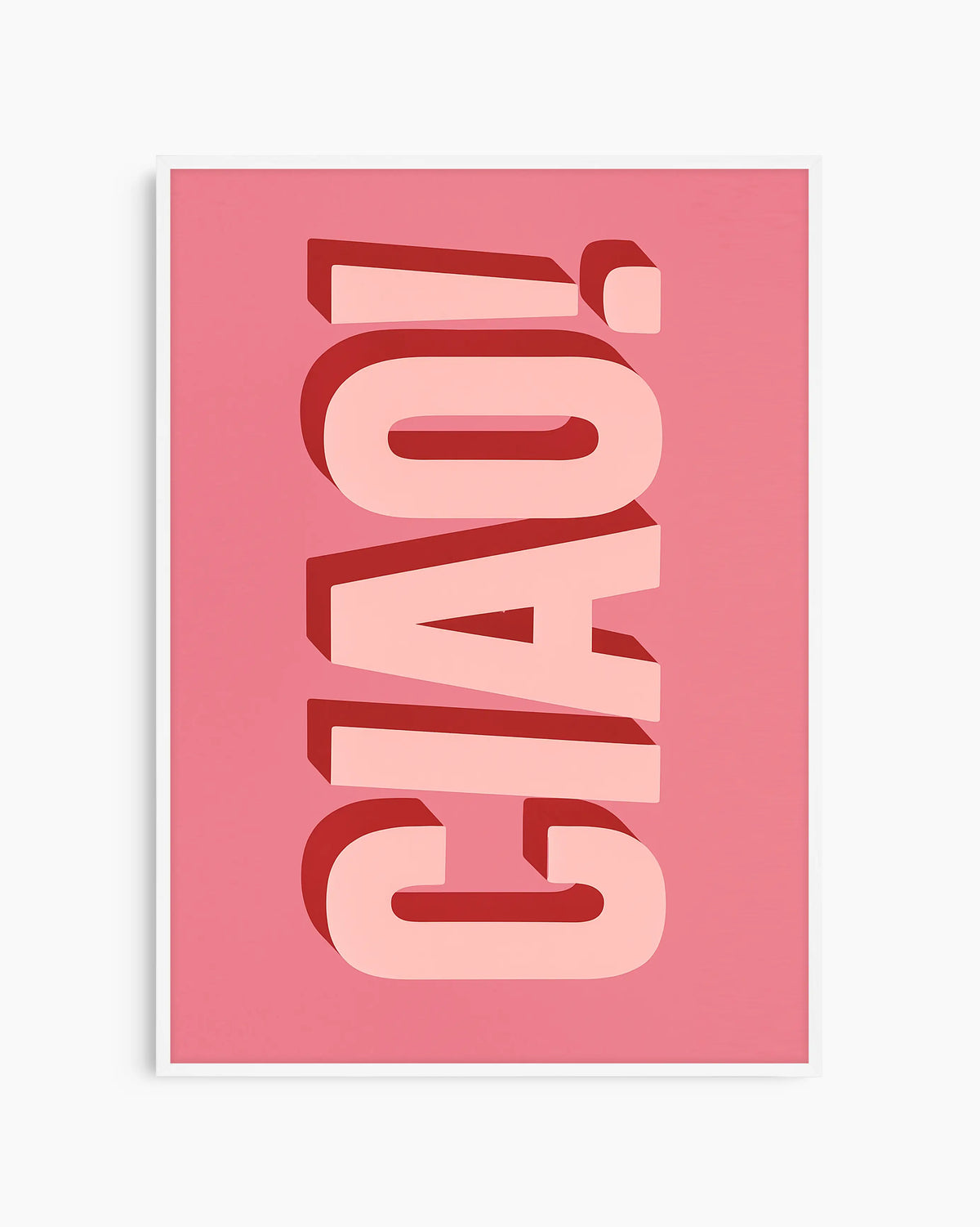 Barntavla med "CIAO!" i stora rosa bokstäver med röd skugga, inramad i vit träram. En ljus och färgglad väggdekoration som passar i alla barnrum.