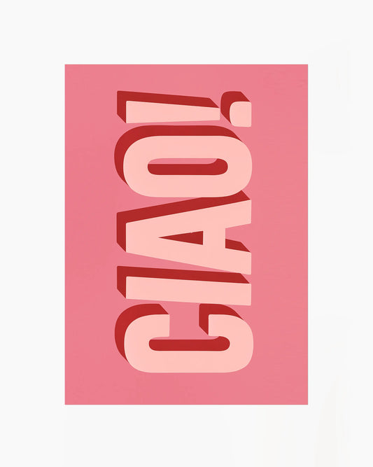 Barntavla med texten "CIAO!" i rosa bokstäver med röd skugga på rosa bakgrund. En färgstark och minimalistisk väggdekoration.