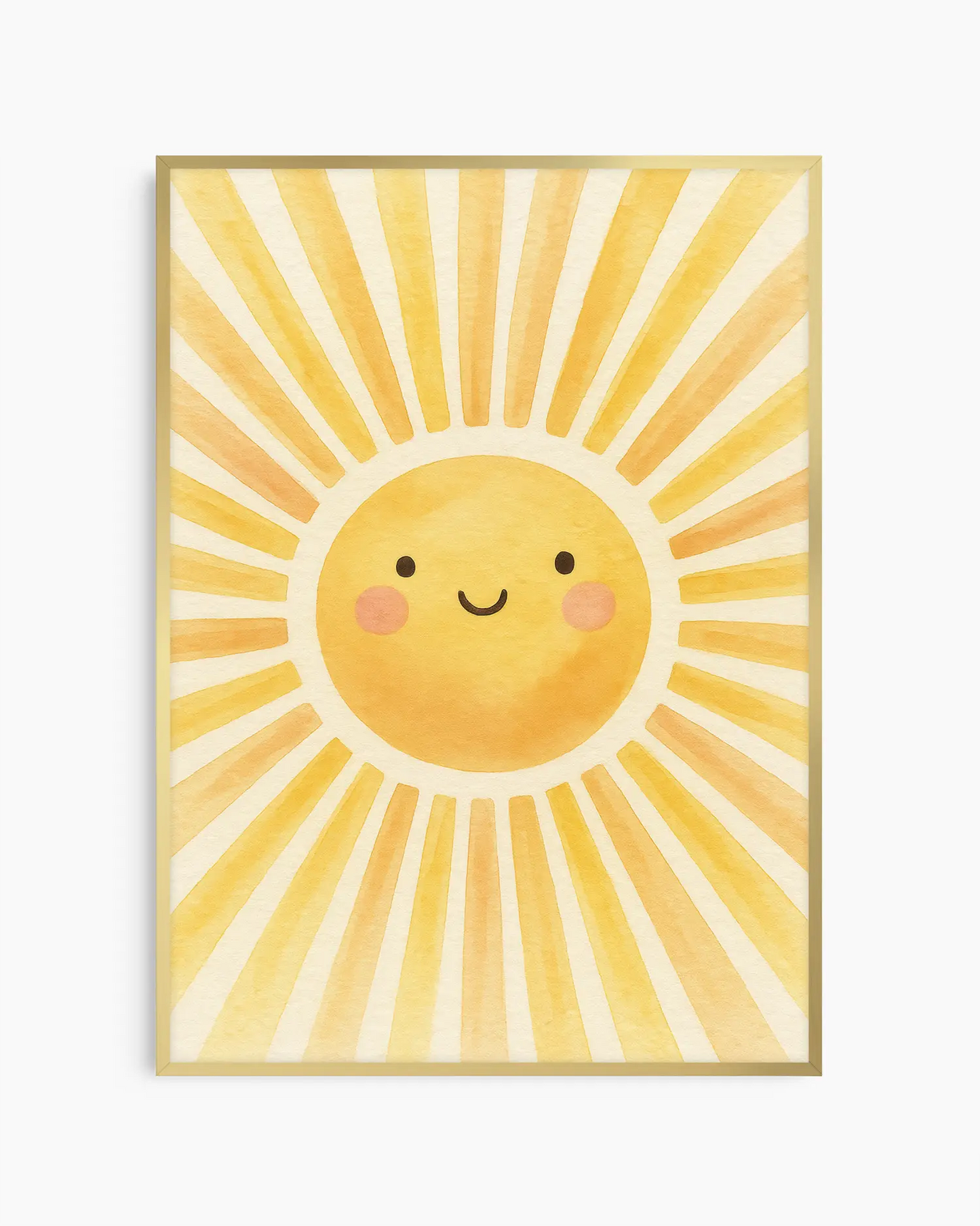 Barntavla med solmotiv i varma gula nyanser, inramad i guld aluminiumram. En ljus och positiv väggdekoration som lyser upp rummet.