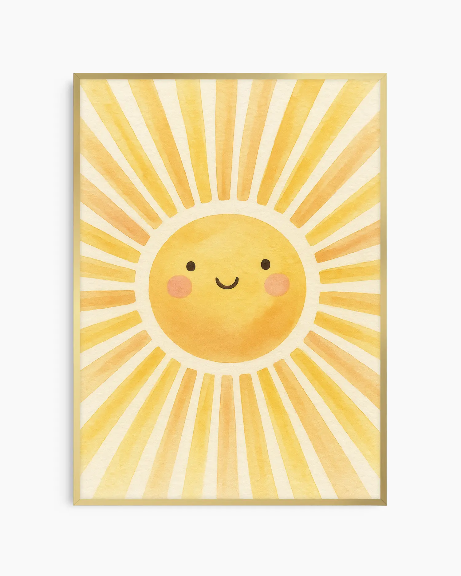 Barntavla med solmotiv i varma gula nyanser, inramad i guld aluminiumram. En ljus och positiv väggdekoration som lyser upp rummet.