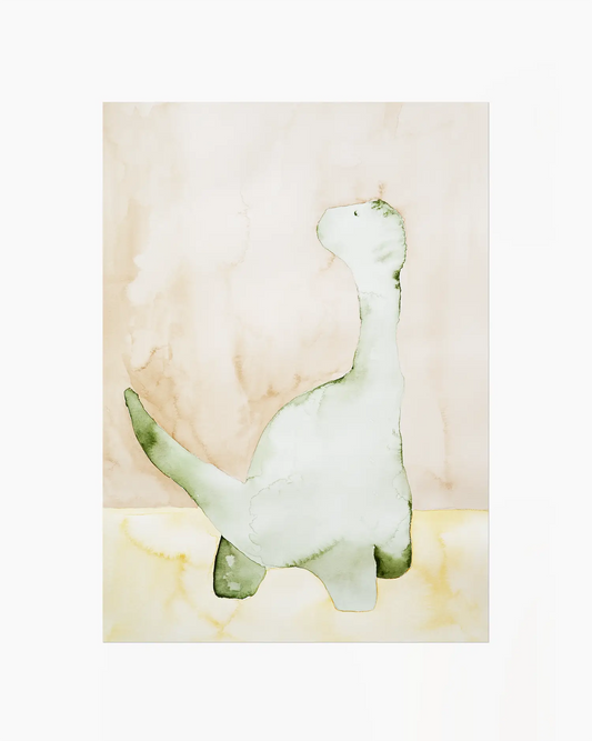 Barntavla med akvarellmålning av grön dinosaurie. En konstnärlig och harmonisk väggdekoration i mjuka, varma nyanser.