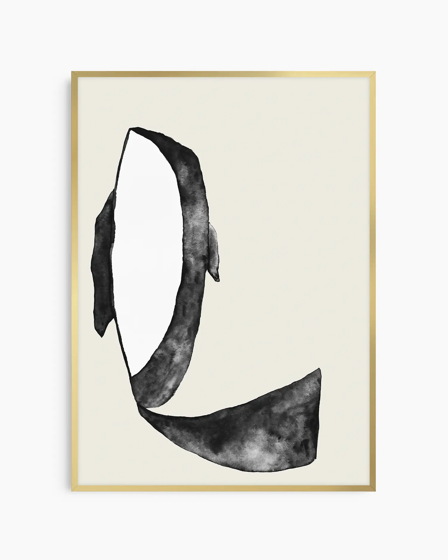 Barntavla med akvarellmålning av späckhuggare i monokroma nyanser, inramad i guld aluminiumram. En elegant och grafisk väggdekoration.