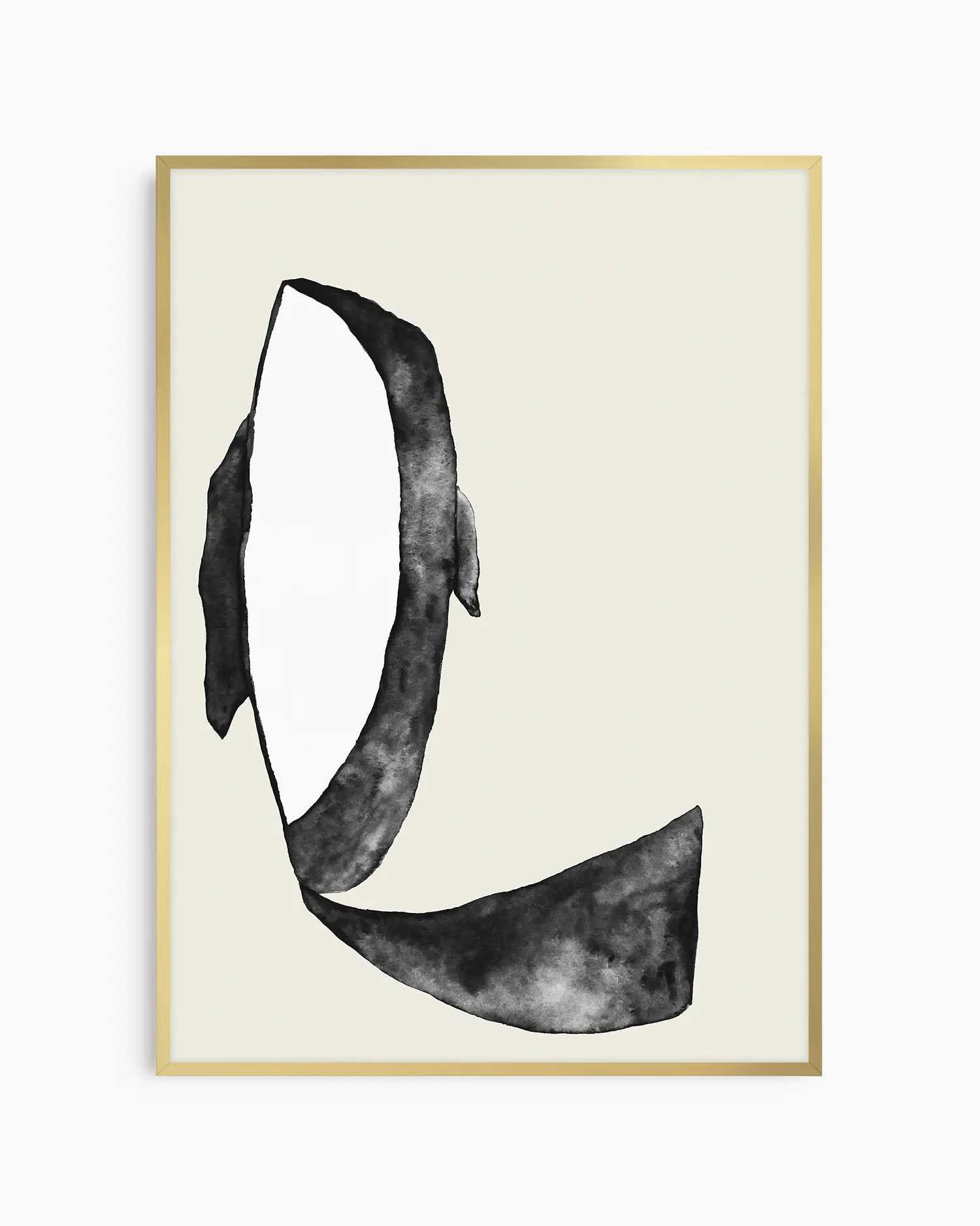 Barntavla med akvarellmålning av späckhuggare i monokroma nyanser, inramad i guld aluminiumram. En elegant och grafisk väggdekoration.