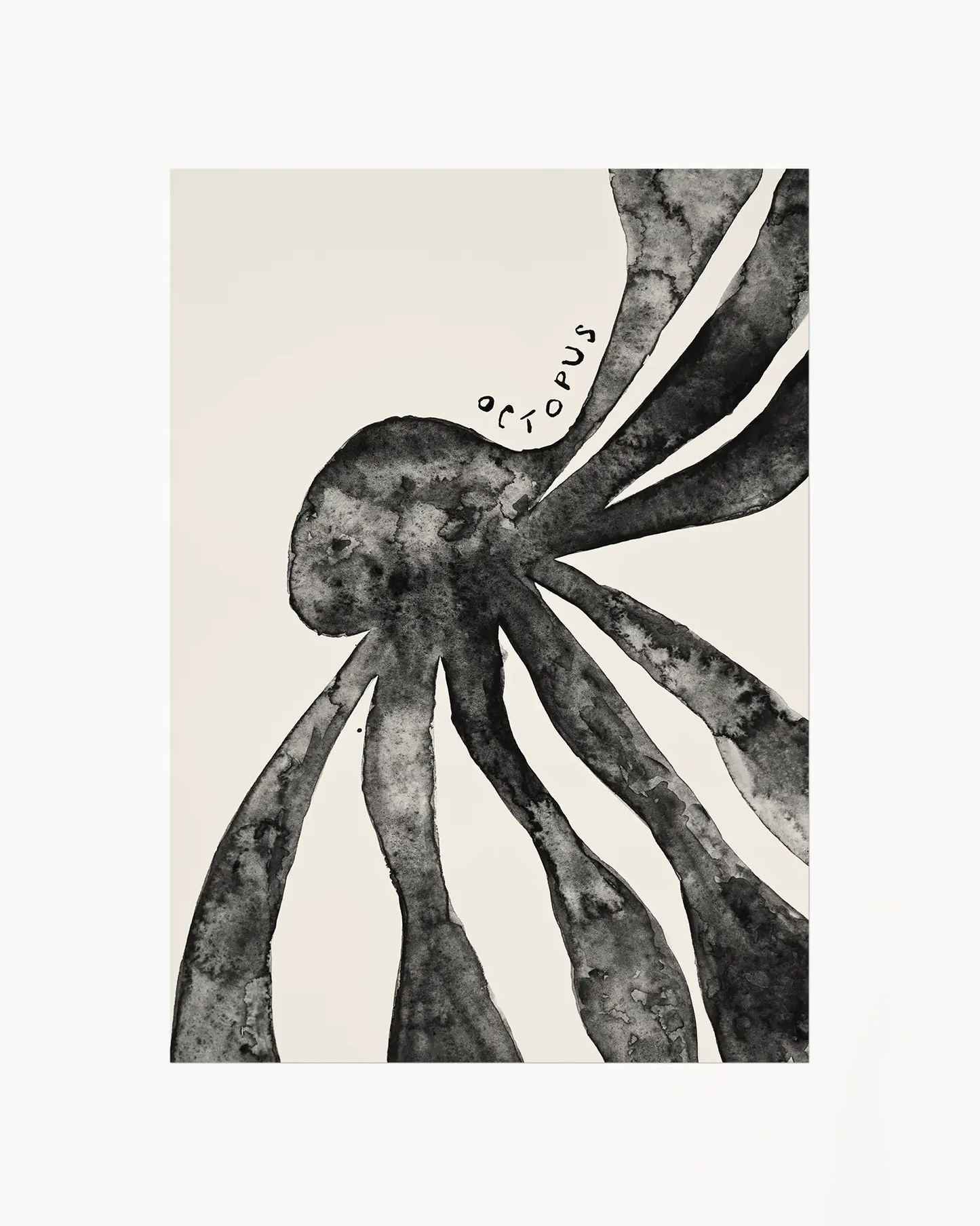 Barntavla med akvarellmålning av svart bläckfisk och texten “Octopus”. En grafisk och elegant väggdekoration för barnrummet.
