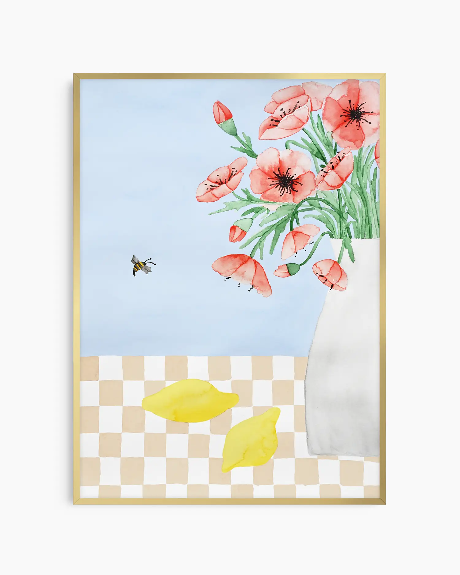 Barntavla med röda vallmoblommor i vas, gula citroner och ett flygande bi, inramad i guld aluminiumram. En mjuk och konstnärlig dekoration med somrig känsla.