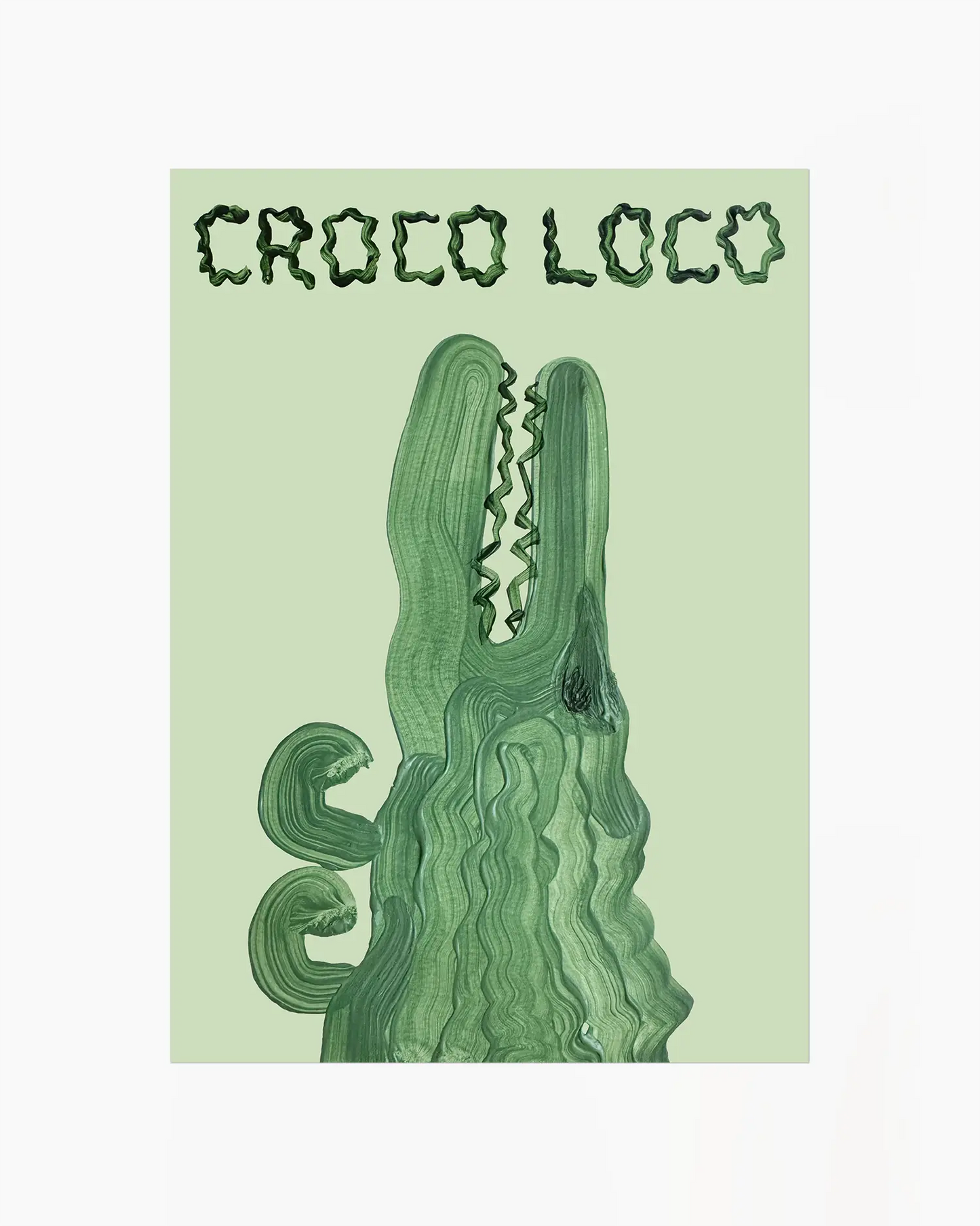Barntavla med grön krokodil i målad stil och texten “CROCO LOCO” på ljusgrön bakgrund. En kreativ och humoristisk design för barnrummet.