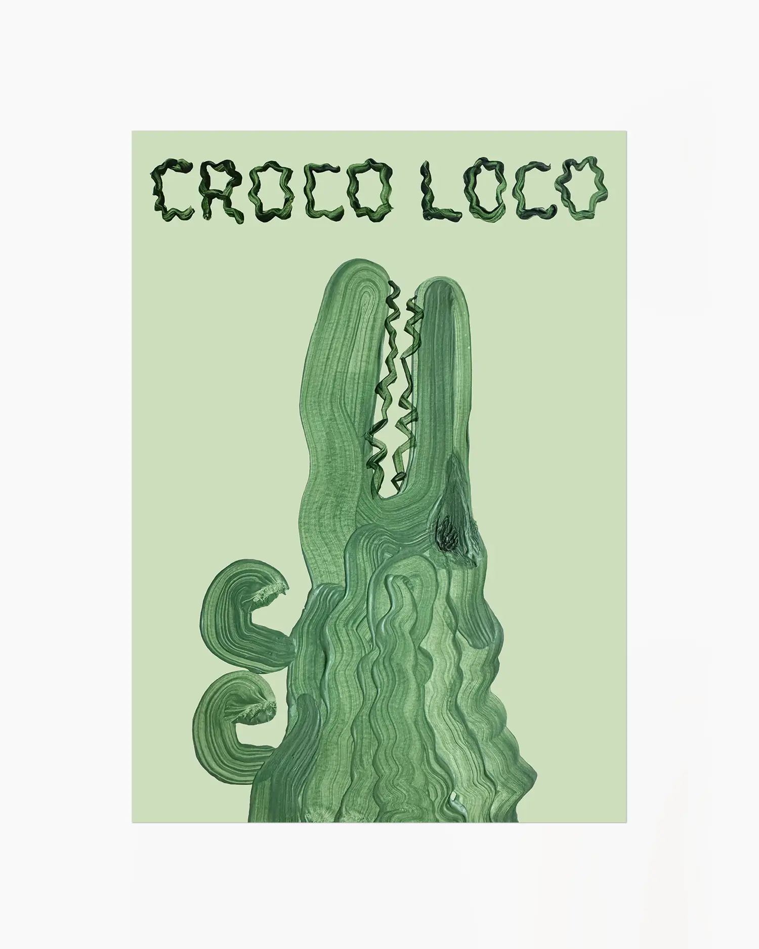 Barntavla med grön krokodil i målad stil och texten “CROCO LOCO” på ljusgrön bakgrund. En kreativ och humoristisk design för barnrummet.