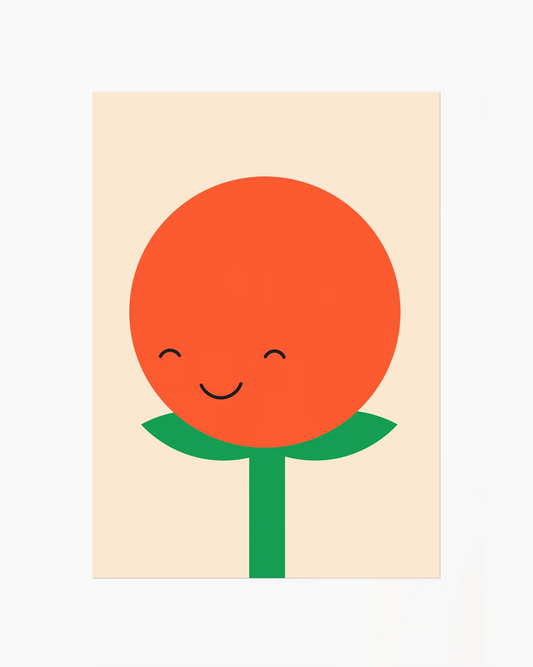 Barntavla med leende tomat i orange ton med gröna blad på beige bakgrund. En enkel och glad design som sprider värme och humor.