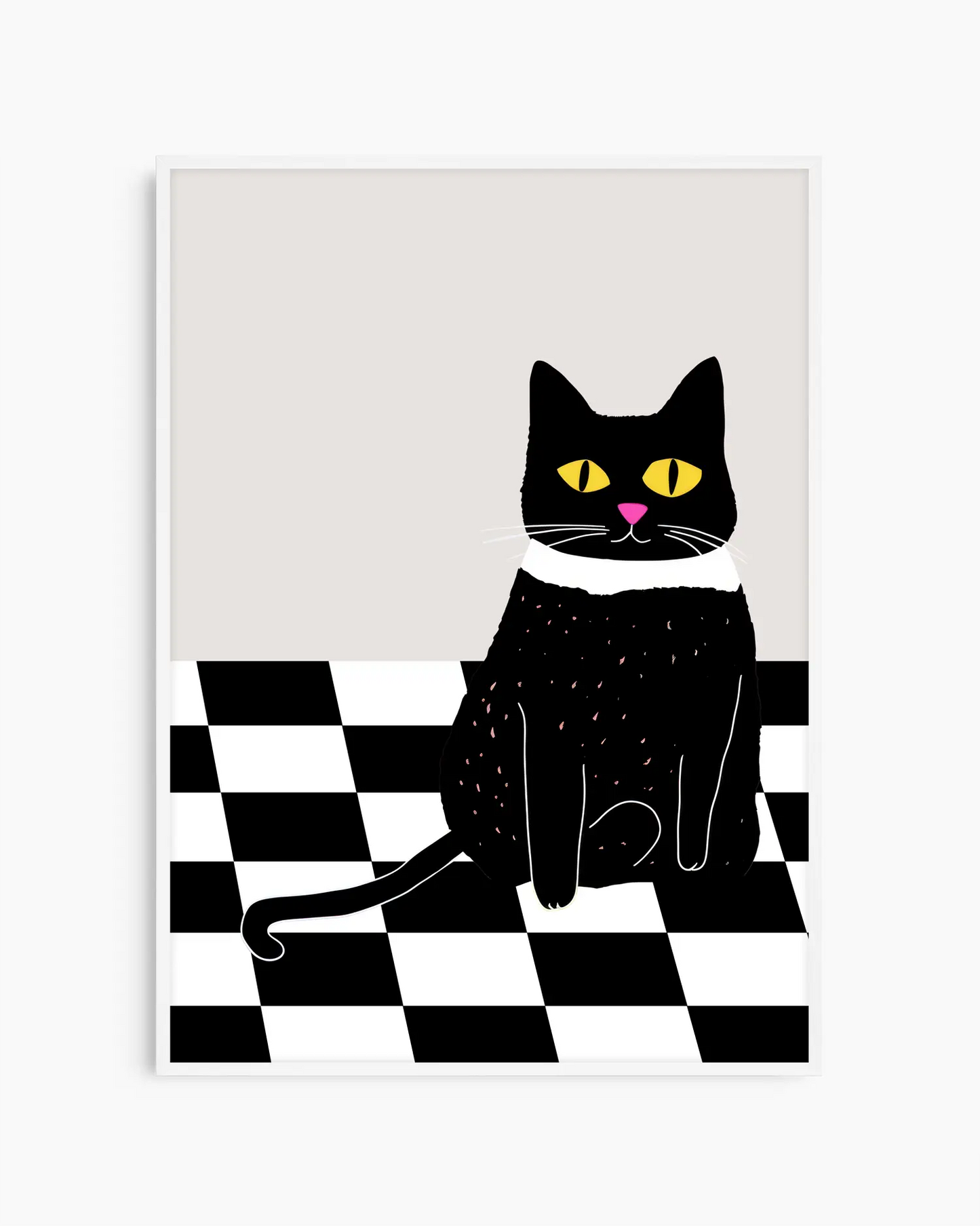 Barntavla med svart katt på svartvitt rutigt golv, inramad i vit träram. En stilren och lekfull väggdekoration som passar både barnrum och kök.