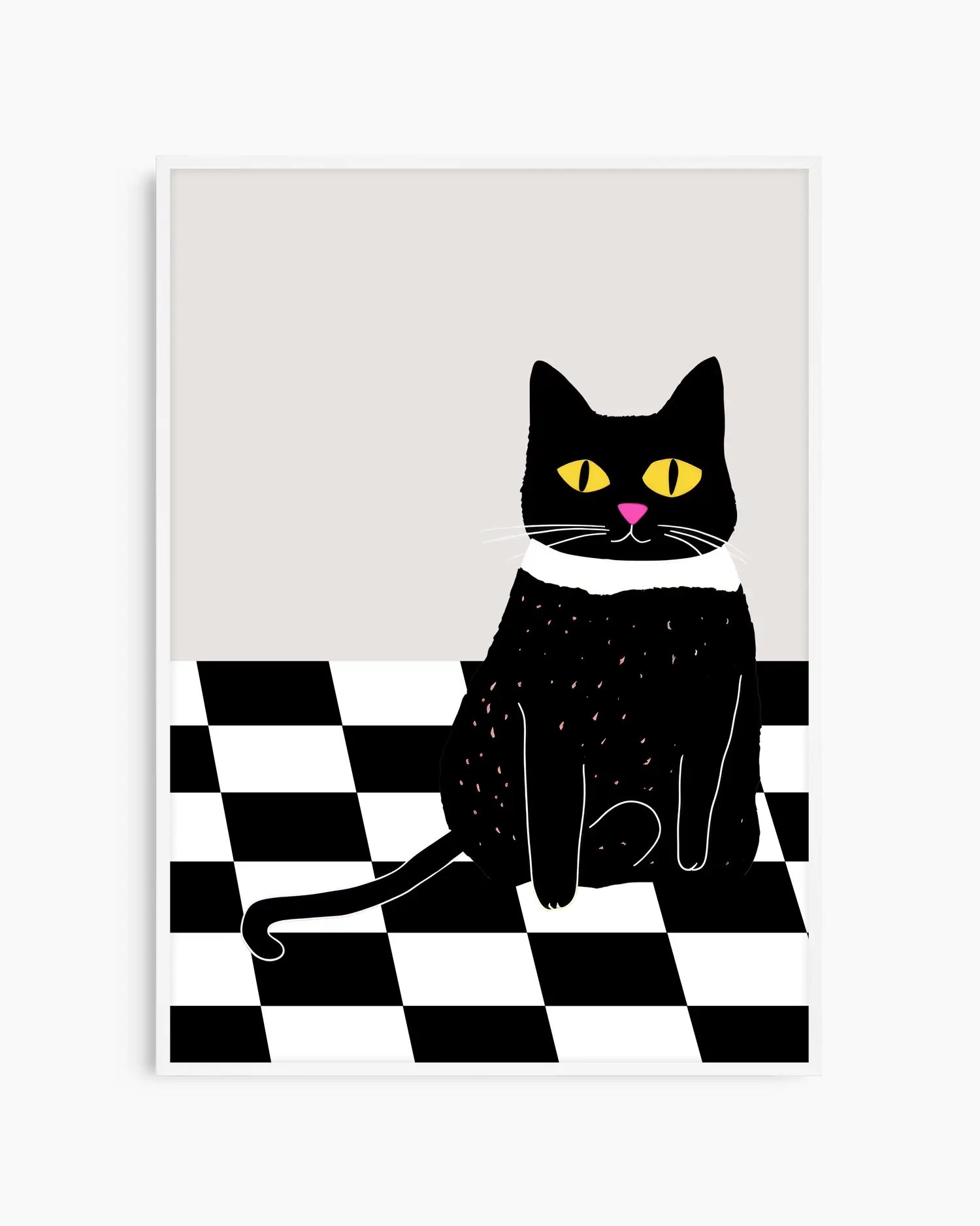 Barntavla med svart katt på svartvitt rutigt golv, inramad i vit träram. En stilren och lekfull väggdekoration som passar både barnrum och kök.