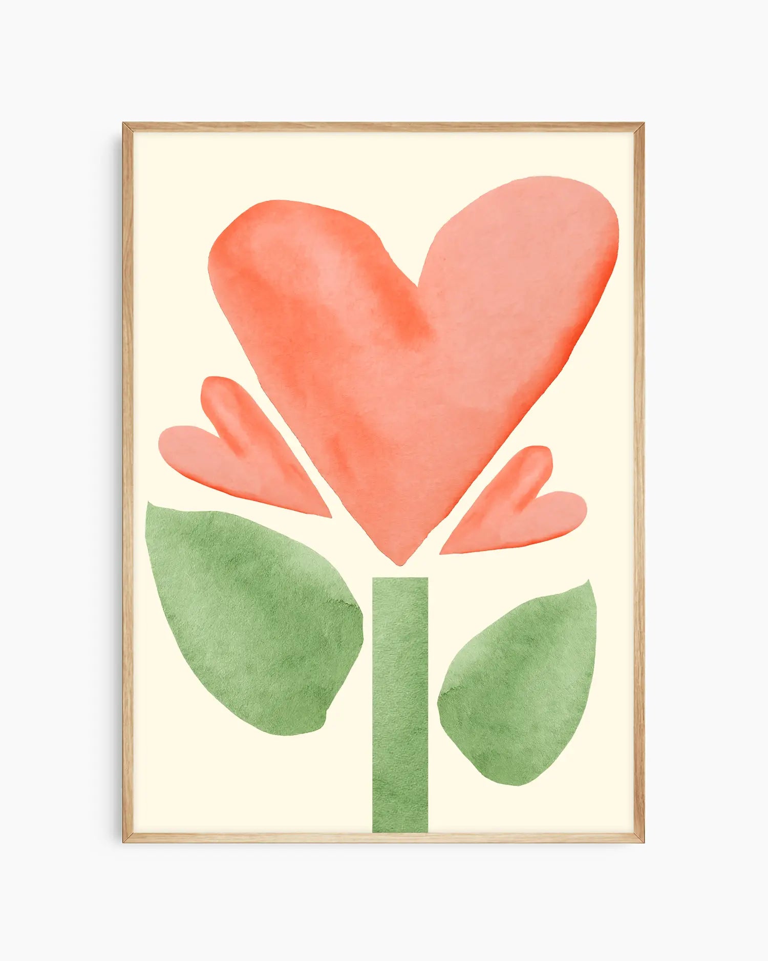 Barntavla med hjärtformad blomma i akvarell med röda kronblad och gröna blad, inramad i ekram. En mjuk och charmig väggdekoration med kärleksfull känsla.