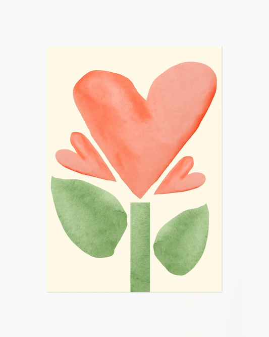 Barntavla med akvarellmålning av blomma med hjärtformade röda kronblad och gröna blad. En söt och harmonisk design som symboliserar kärlek och natur.