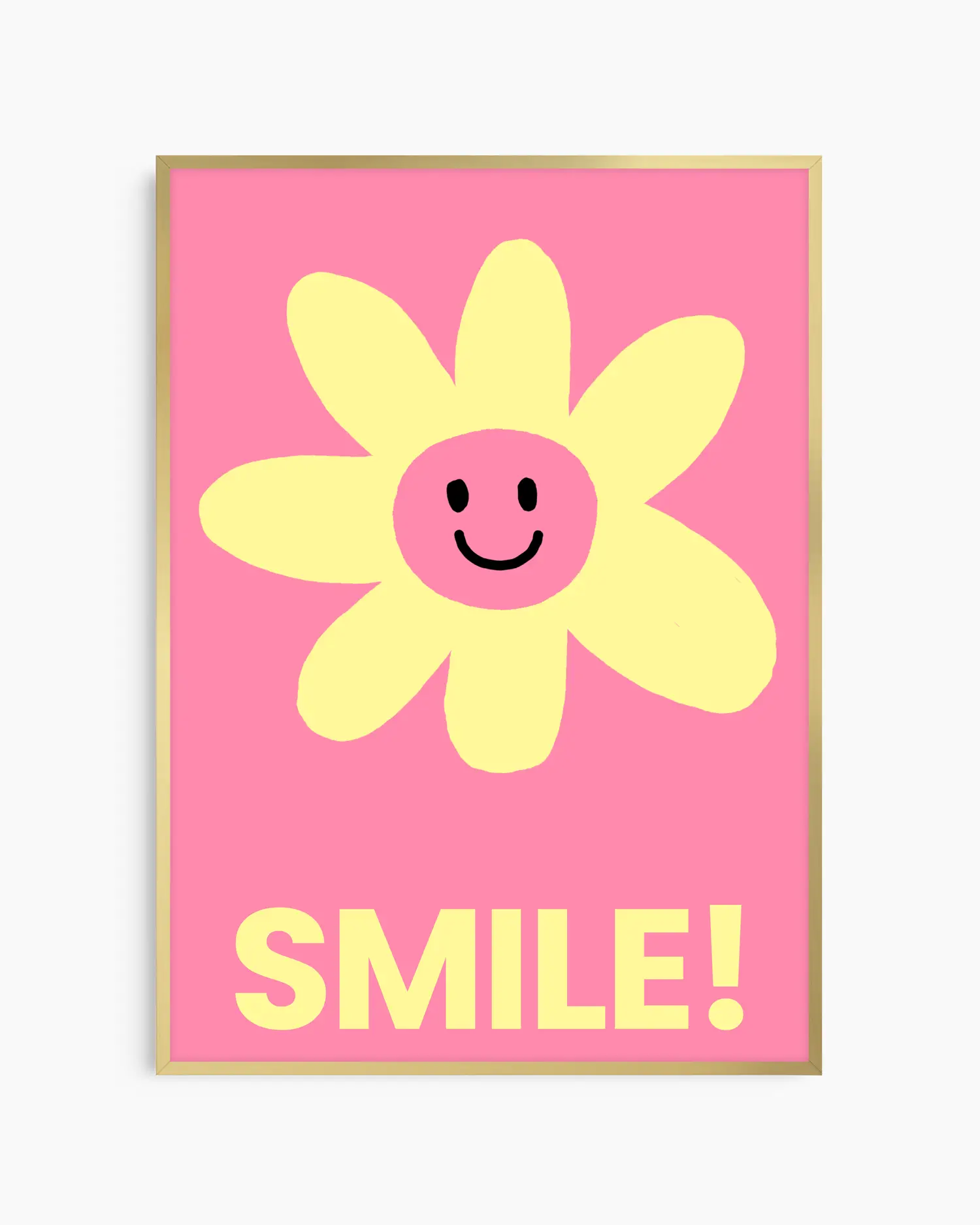 Barntavla med leende gul blomma och texten “SMILE!” i gult på rosa bakgrund, inramad i guld aluminiumram. En livlig och glädjefylld väggdekoration.