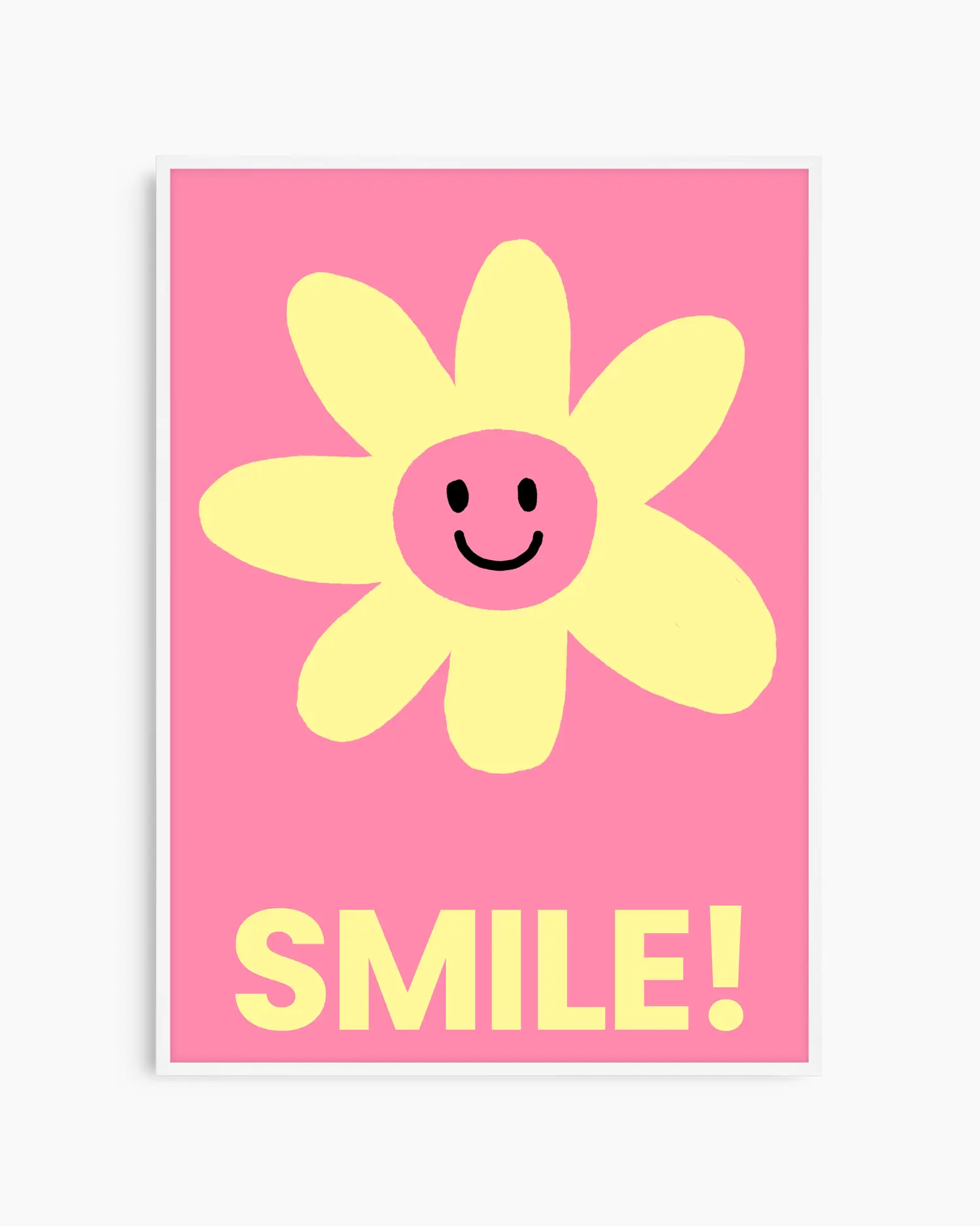 Barntavla med leende gul blomma och texten “SMILE!” på rosa bakgrund, inramad i vit träram. En söt och glad väggdekoration för barnrummet.