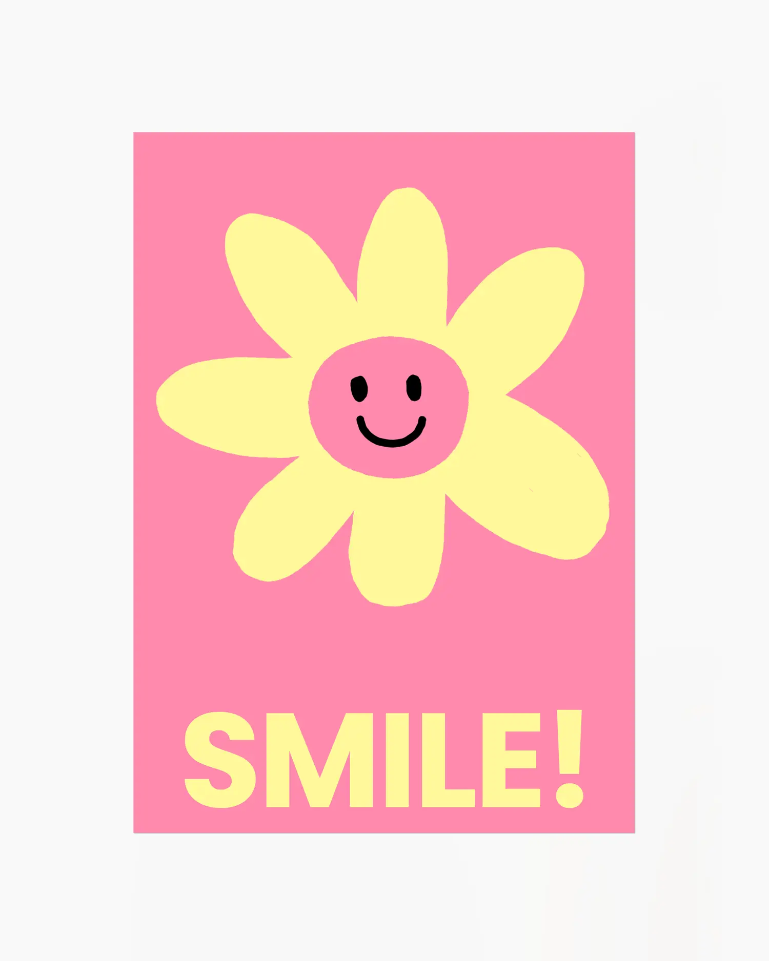 Barntavla med gul blomma med leende ansikte och texten “SMILE!” i gult på rosa bakgrund. En färgglad och glad design som sprider positivitet.
