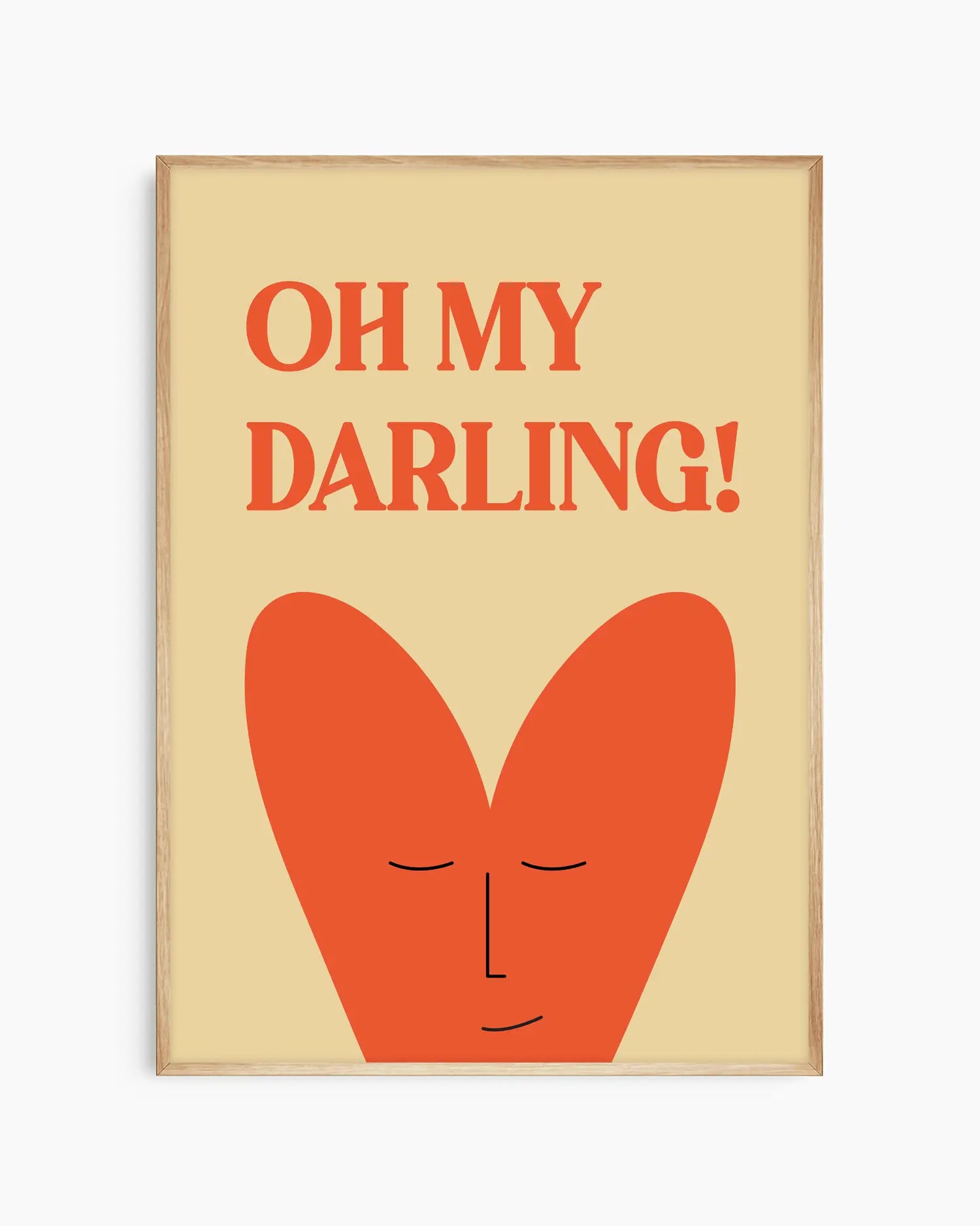 Barntavla med beige bakgrund och rödorange motiv av hjärta med ansikte under texten “OH MY DARLING!”, inramad i ekram. En mjuk och varm väggdekoration för barnrum.