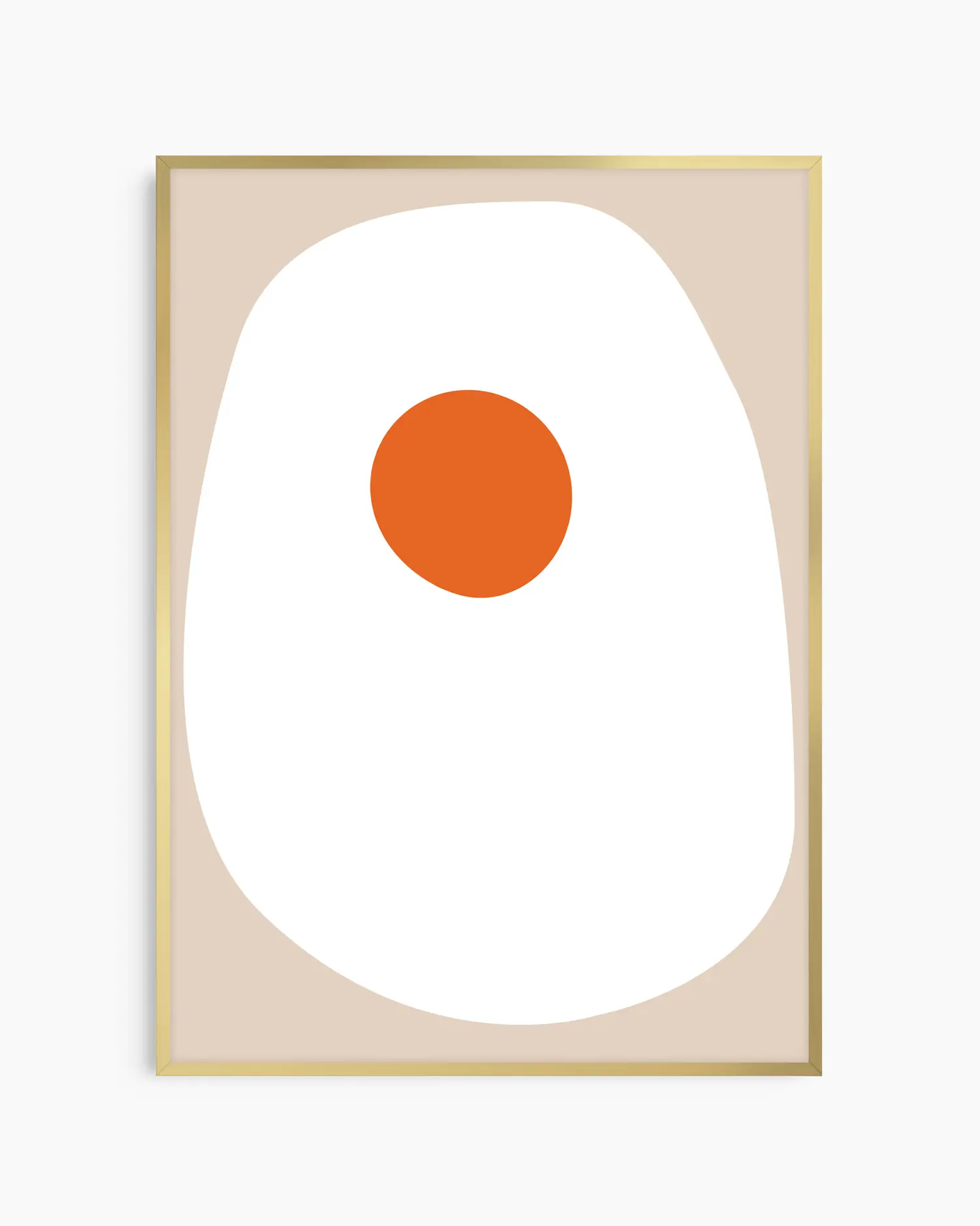 Barntavla med abstrakt äggmotiv i vitt, orange och beige, inramad i guld aluminiumram. En rolig och trendig väggdekoration som passar i barnrum eller kök.