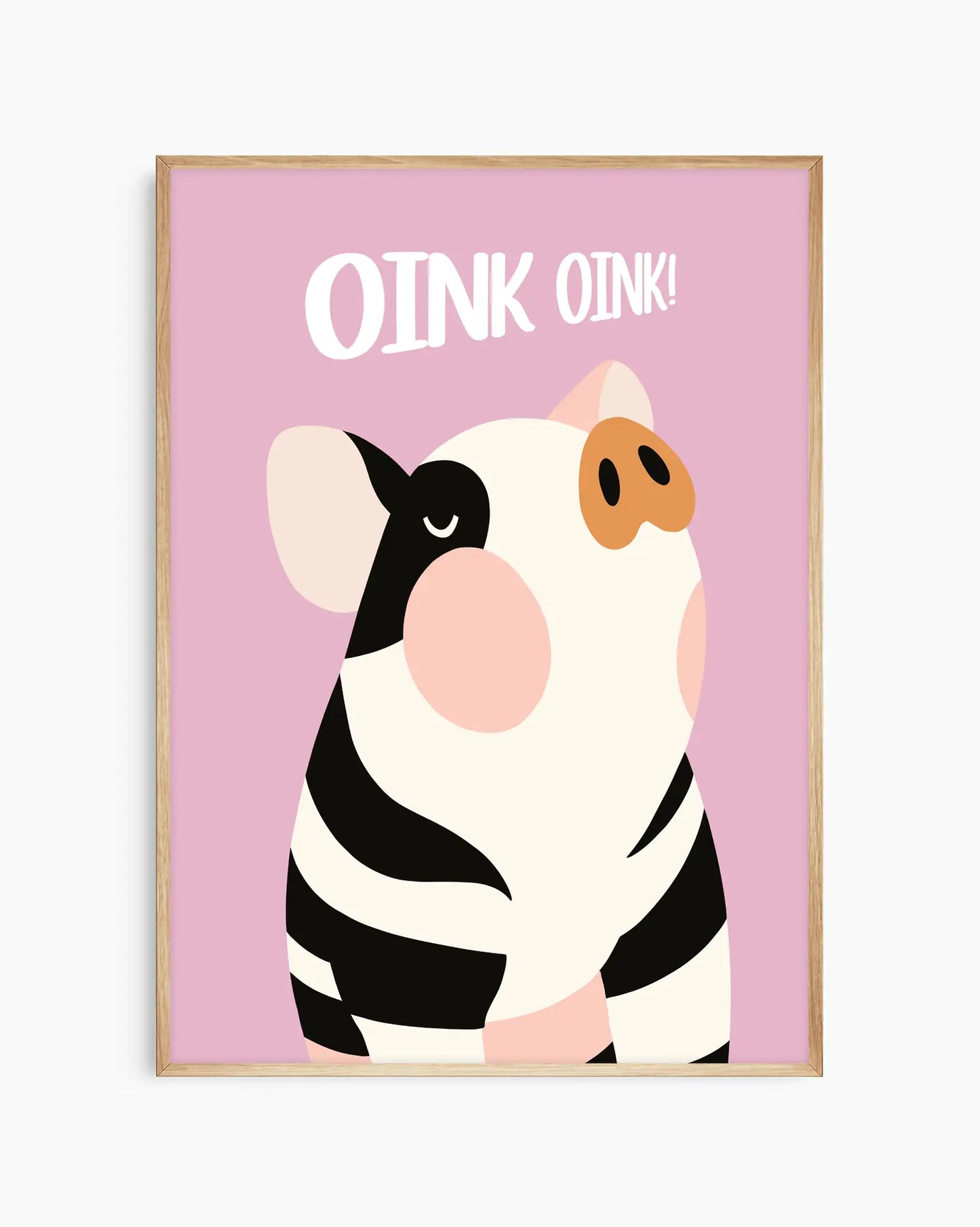 Barntavla med randig gris och texten “OINK OINK!” i vitt på rosa bakgrund, inramad i ekram. En glad och lekfull väggdekoration som sprider glädje.