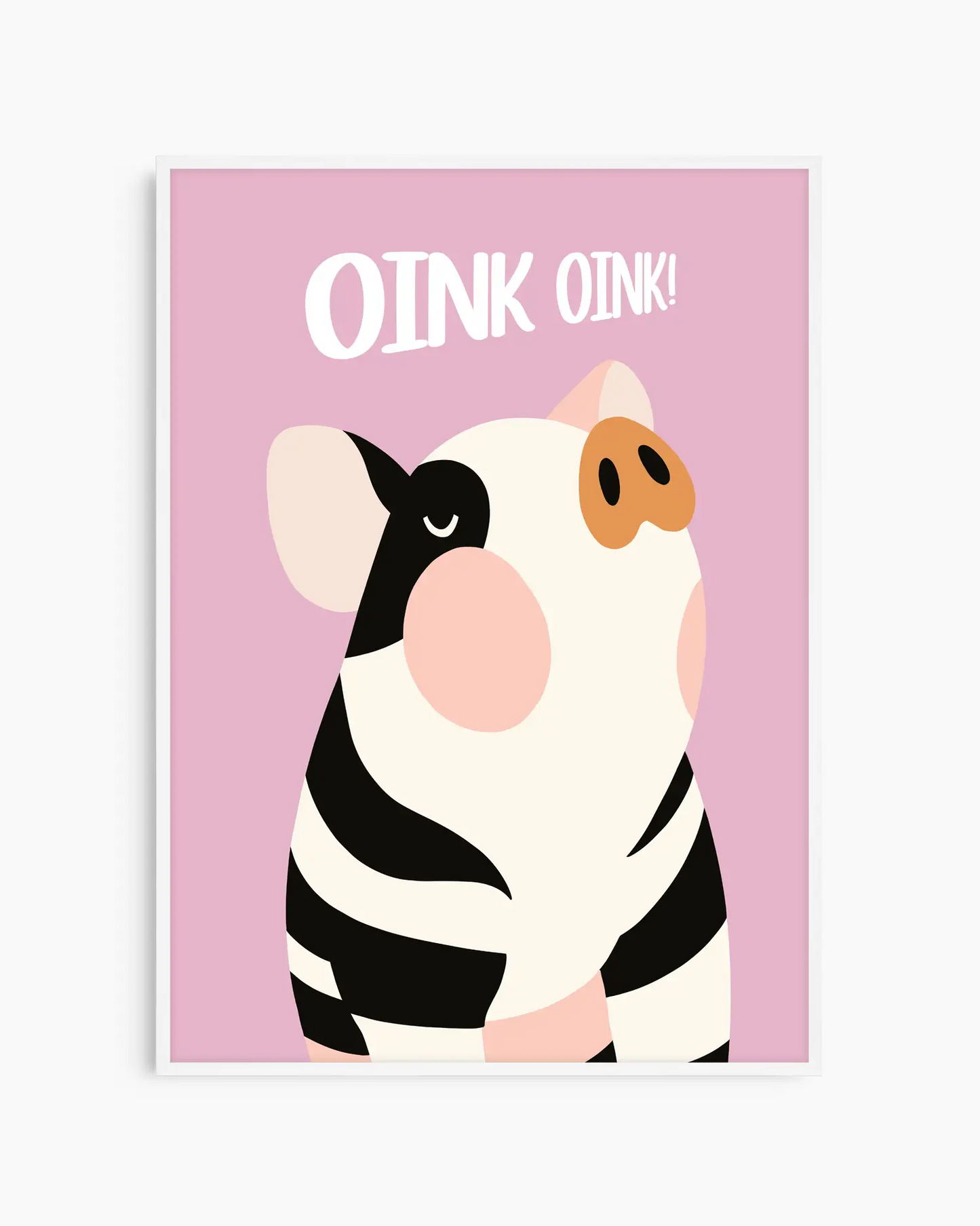 Barntavla med söt randig gris på rosa bakgrund med vit text “OINK OINK!”, inramad i vit träram. En charmig väggdekoration som ger rummet en lekfull känsla.