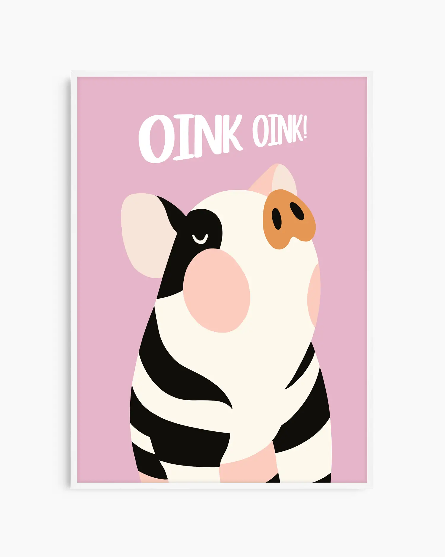 Barntavla med söt randig gris på rosa bakgrund med vit text “OINK OINK!”, inramad i vit träram. En charmig väggdekoration som ger rummet en lekfull känsla.