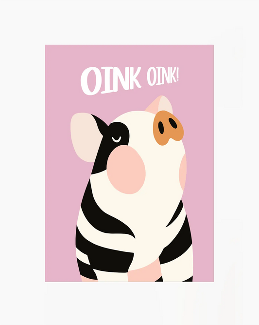 Barntavla med randig gris på rosa bakgrund och vit text “OINK OINK!”. En lekfull och färgglad design som sprider glädje.