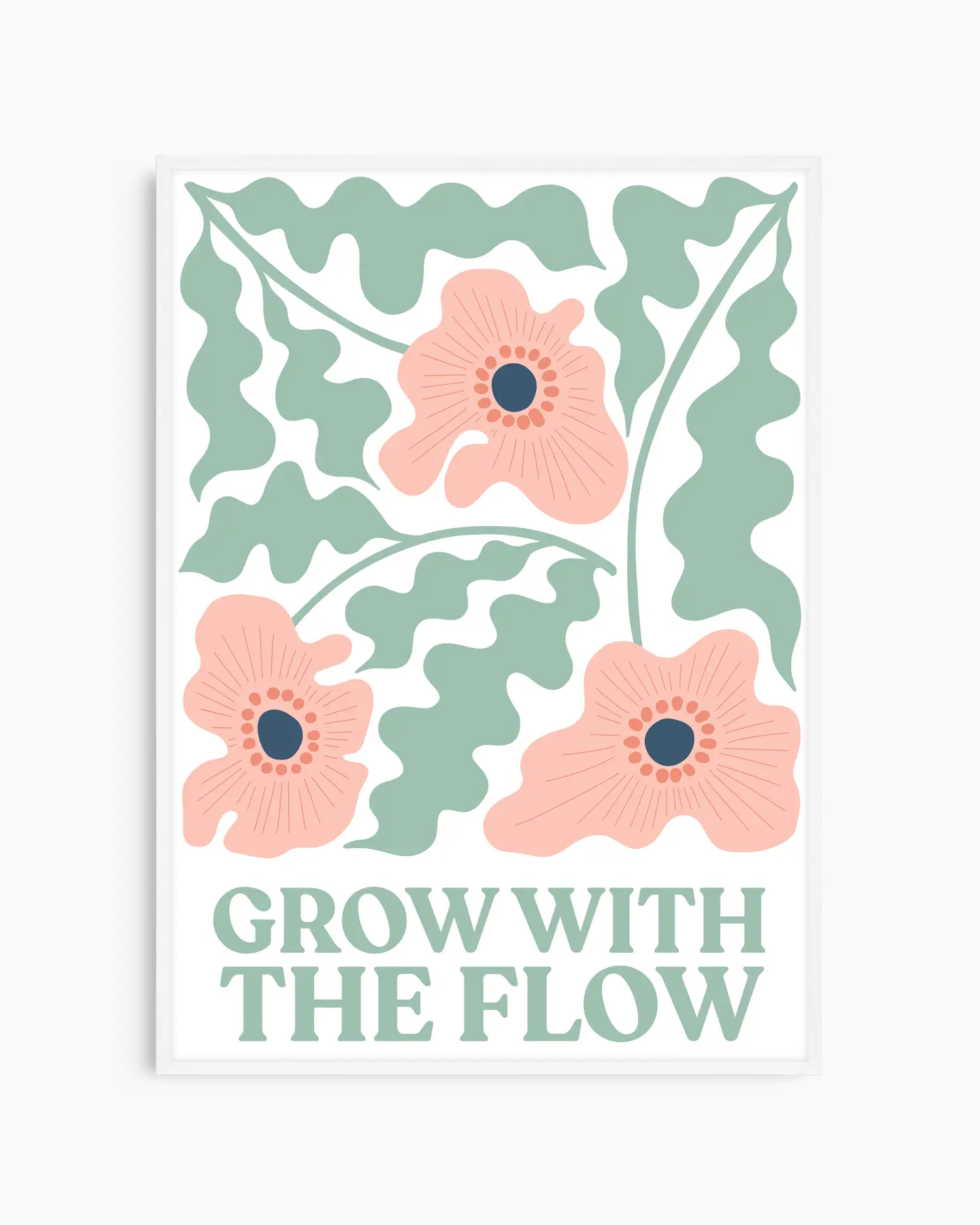 Barntavla med illustration av blommor och blad i grönt och rosa med texten “Grow With The Flow”, inramad i vit träram. En ljus och harmonisk väggdekoration med positivt budskap.