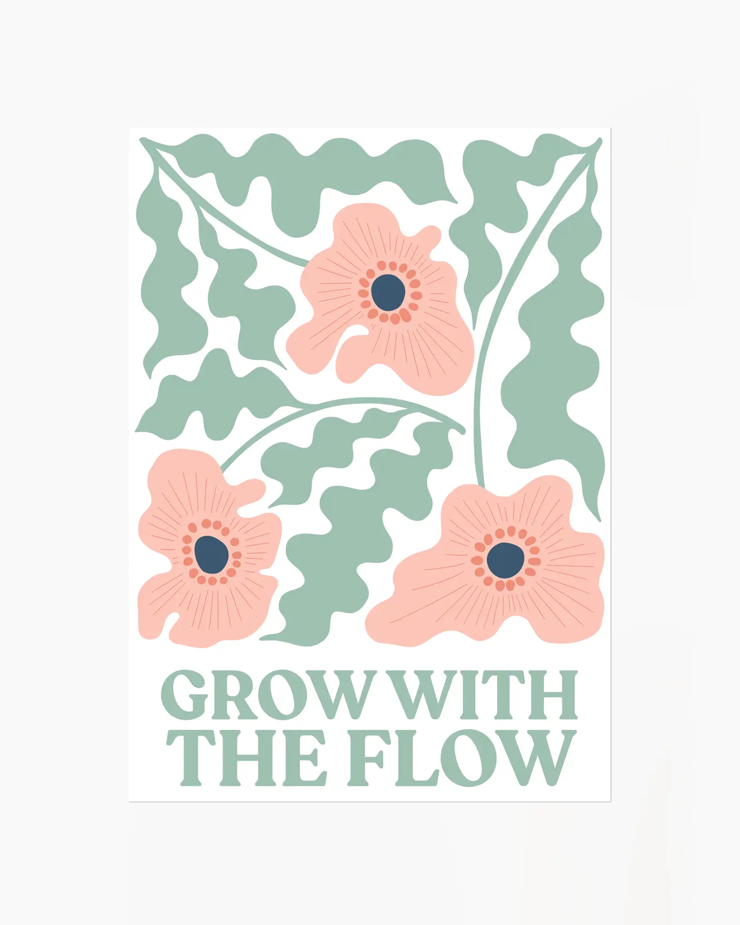 Barntavla med illustration av rosa blommor och gröna blad samt texten “Grow With The Flow”. En mjuk och harmonisk design med positiv energi.