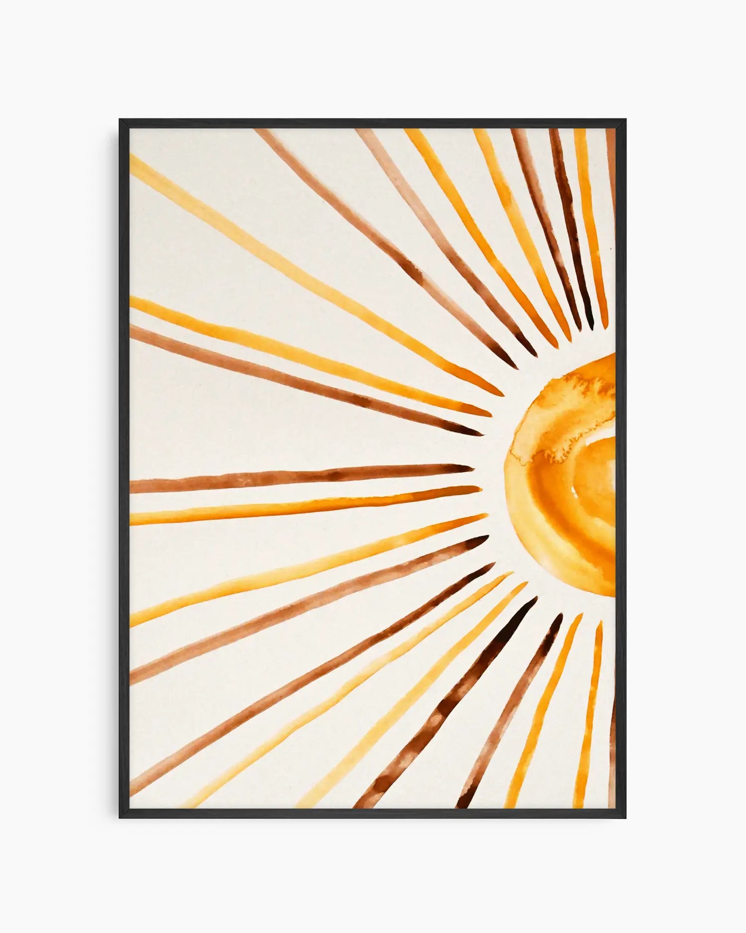 Barntavla med akvarellillustration av gyllene solstrålar i varma nyanser av gult och brunt, inramad i svart träram. En harmonisk och positiv väggdekoration för barnrummet.