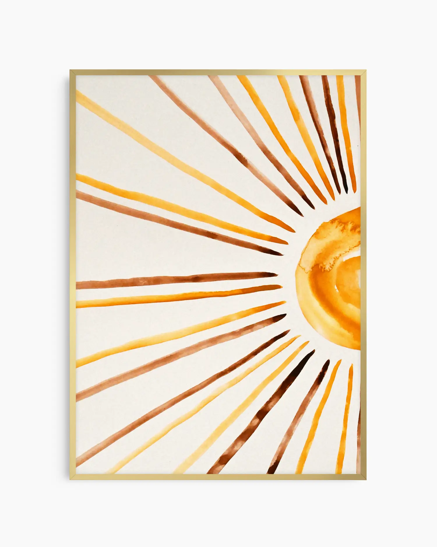 Barntavla med målade solstrålar i varma gula och bruna toner, inramad i guld aluminiumram. En elegant och ljus väggdekoration som ger rummet värme.