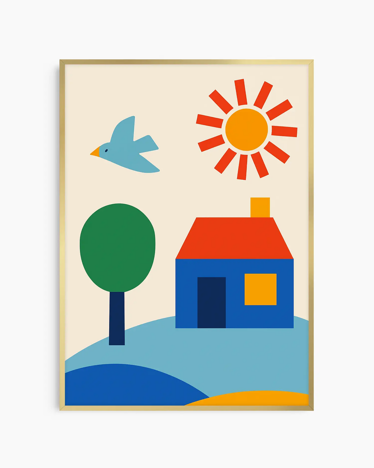 Barntavla med färgglad illustration av hus, träd, sol och fågel i retrostil, inramad i guld aluminiumram. En livlig och stilfull väggdekoration som passar i barnrummet.