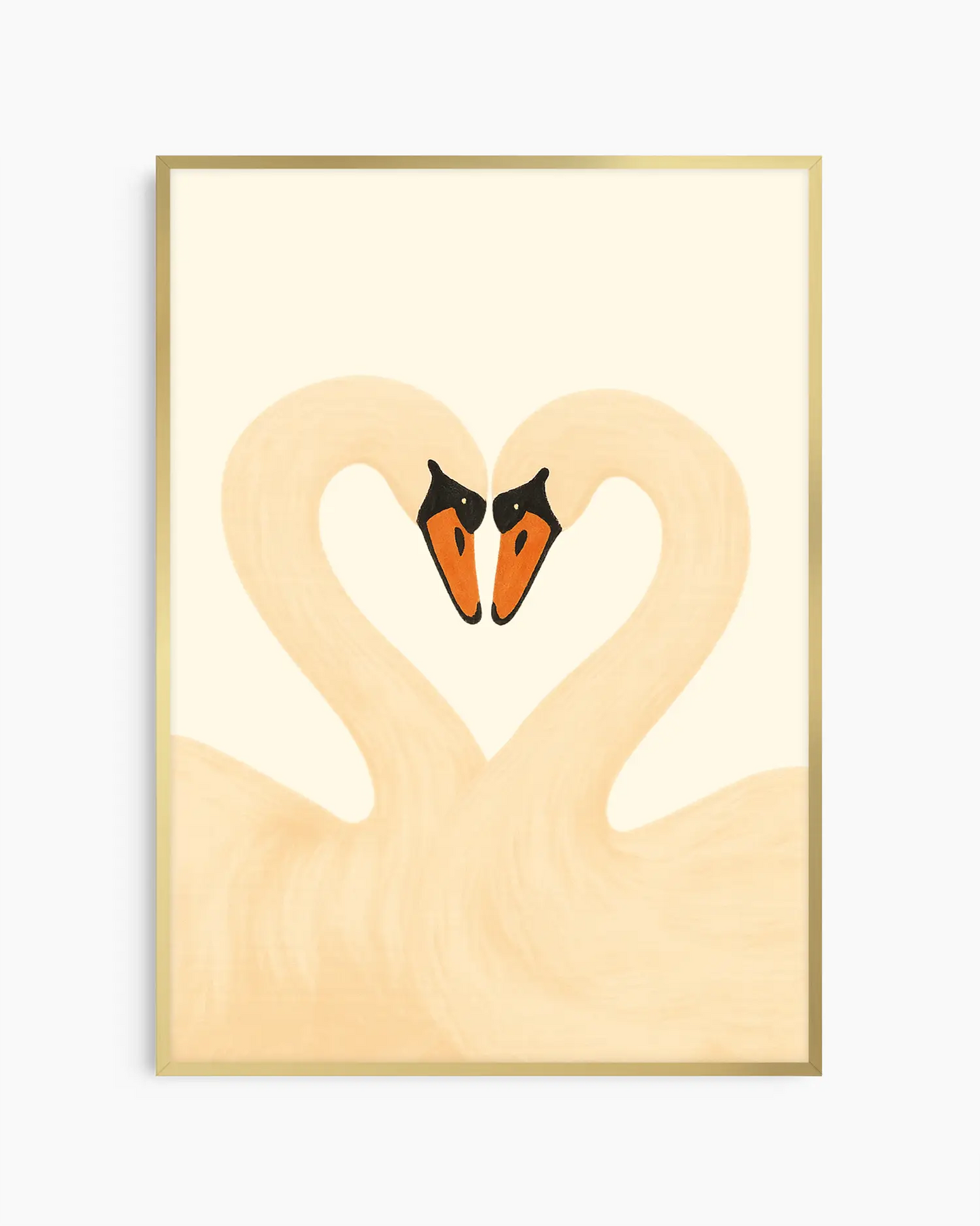 Barntavla med två svanar som bildar ett hjärta med sina halsar, inramad i guld aluminiumram. En stilren och varm illustration med harmoniskt uttryck.