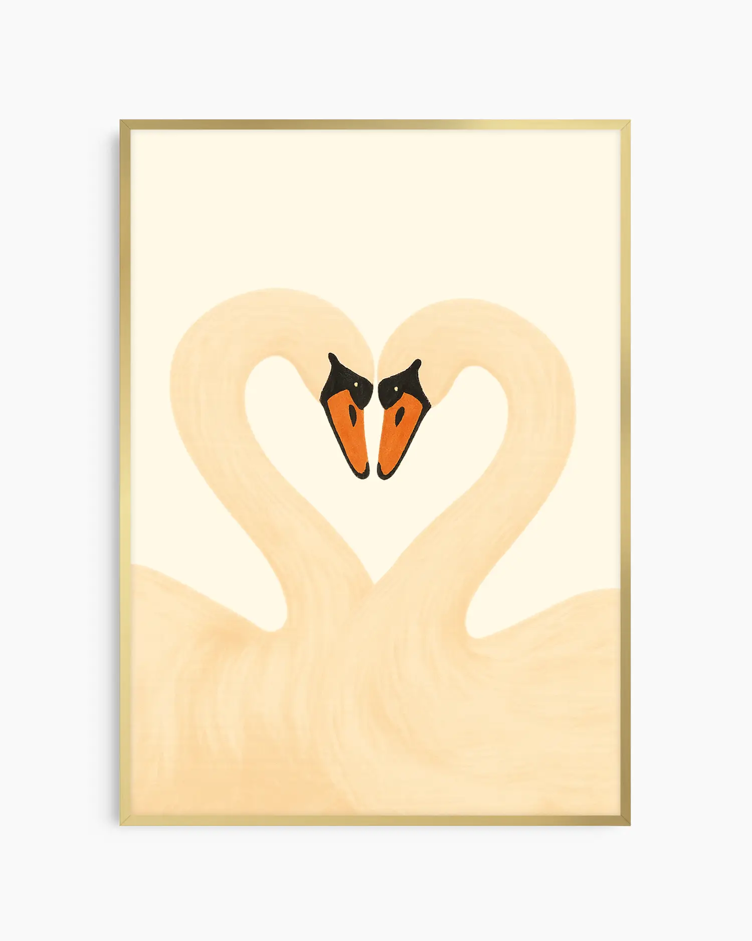 Barntavla med två svanar som bildar ett hjärta med sina halsar, inramad i guld aluminiumram. En stilren och varm illustration med harmoniskt uttryck.