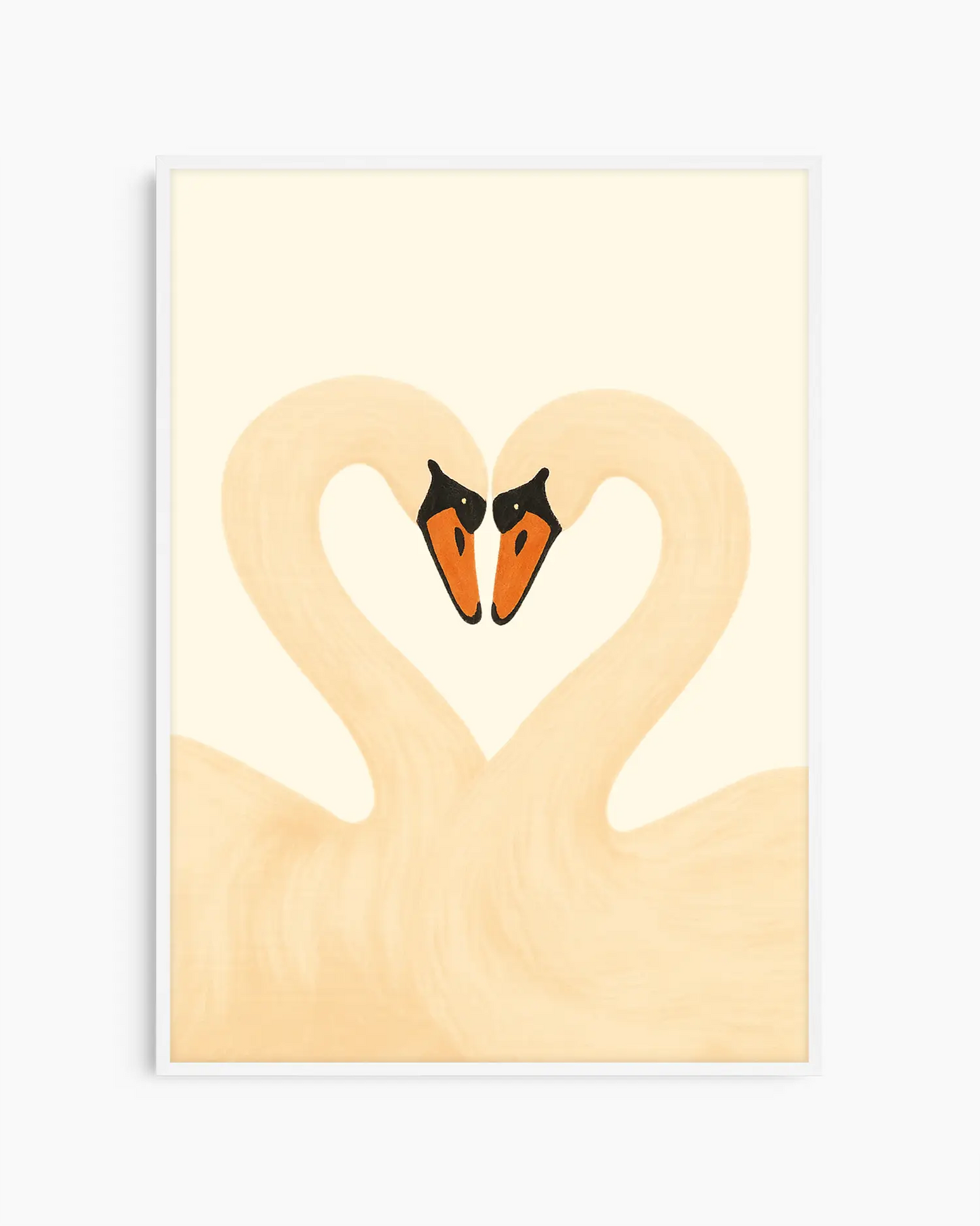 Barntavla med två svanar i beige och vitt som formar ett hjärta, inramad i vit träram. En ljus och stillsam illustration med fin symbolik.