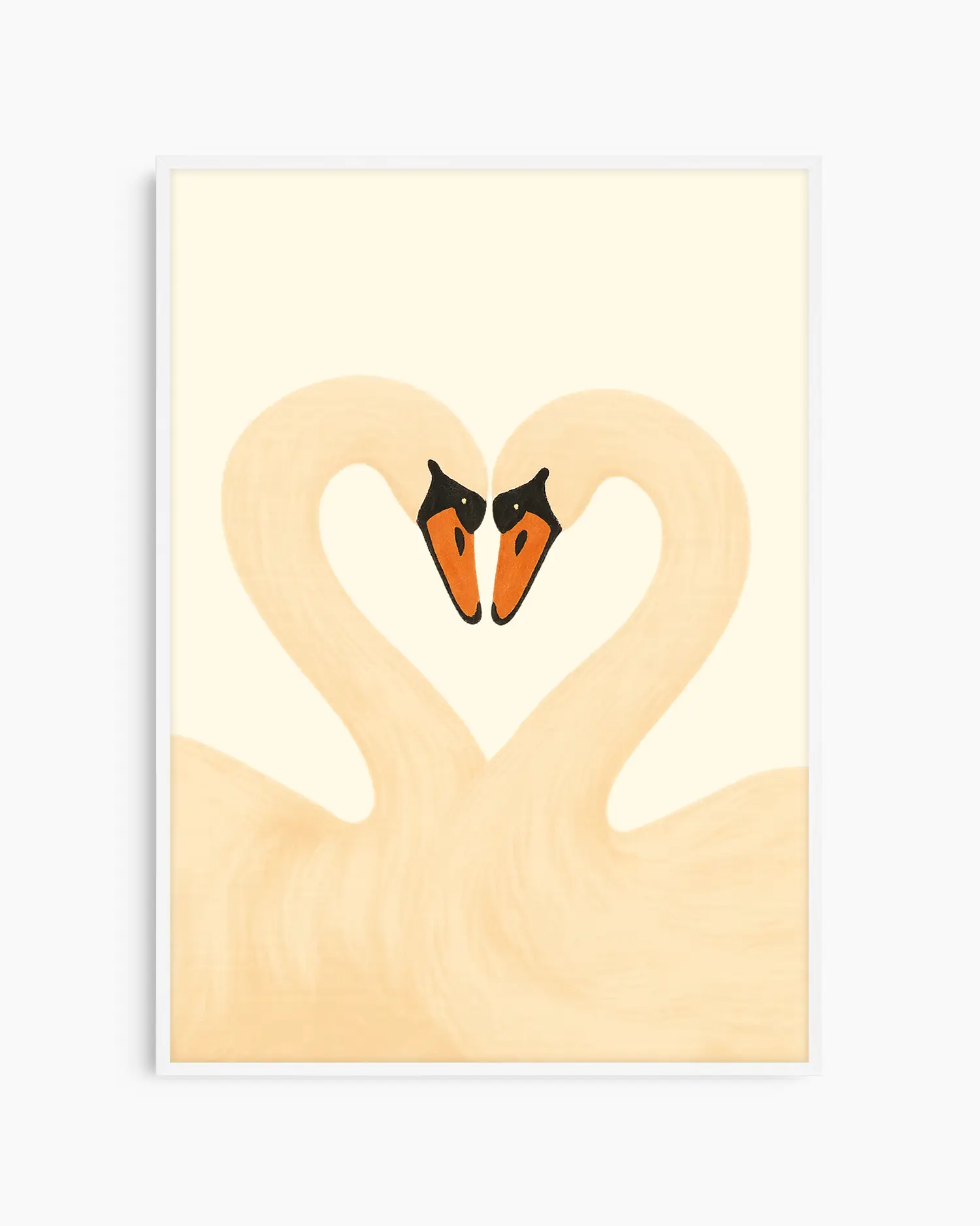 Barntavla med två svanar i beige och vitt som formar ett hjärta, inramad i vit träram. En ljus och stillsam illustration med fin symbolik.