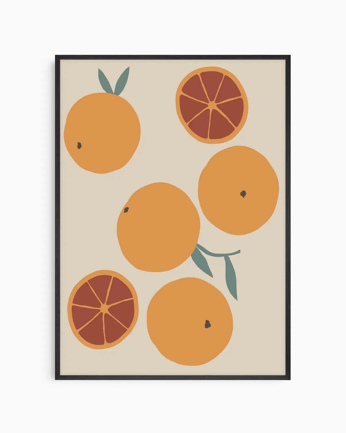 Barntavla med illustrerade apelsiner och apelsinskivor i varma toner på ljus bakgrund, inramad i svart träram för ett modernt och grafiskt uttryck.
